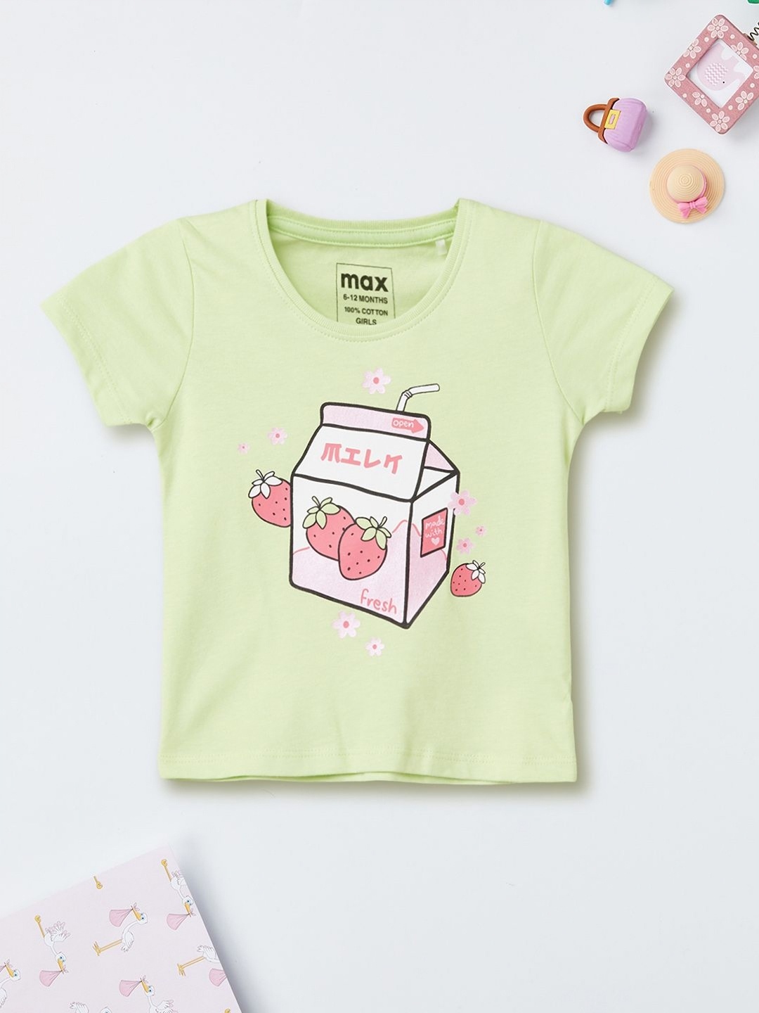 

max Girls Typography Printed V-Neck Applique T-shirt, Green