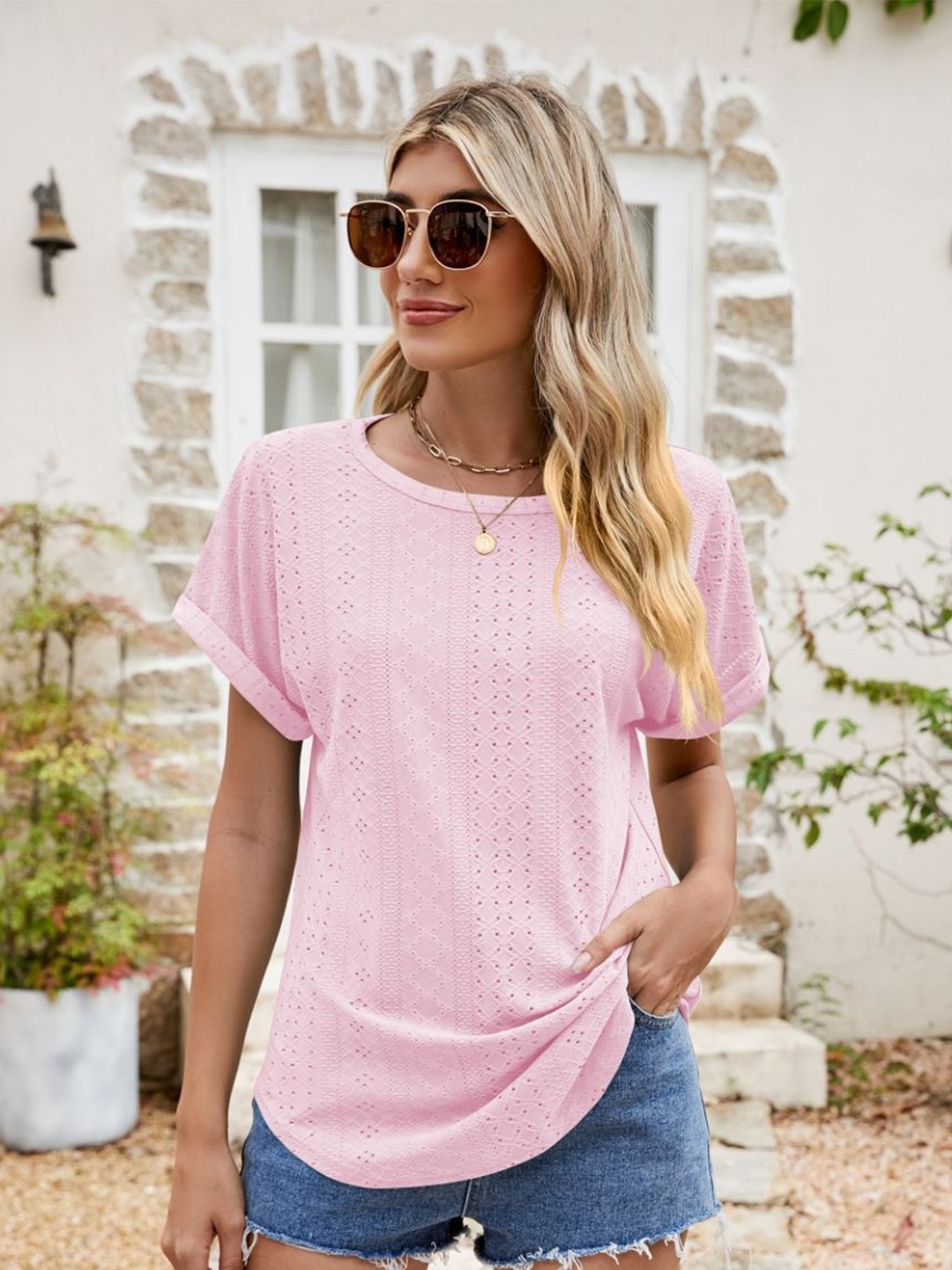 

StyleCast Women Solid Printed Round Neck Top, Pink