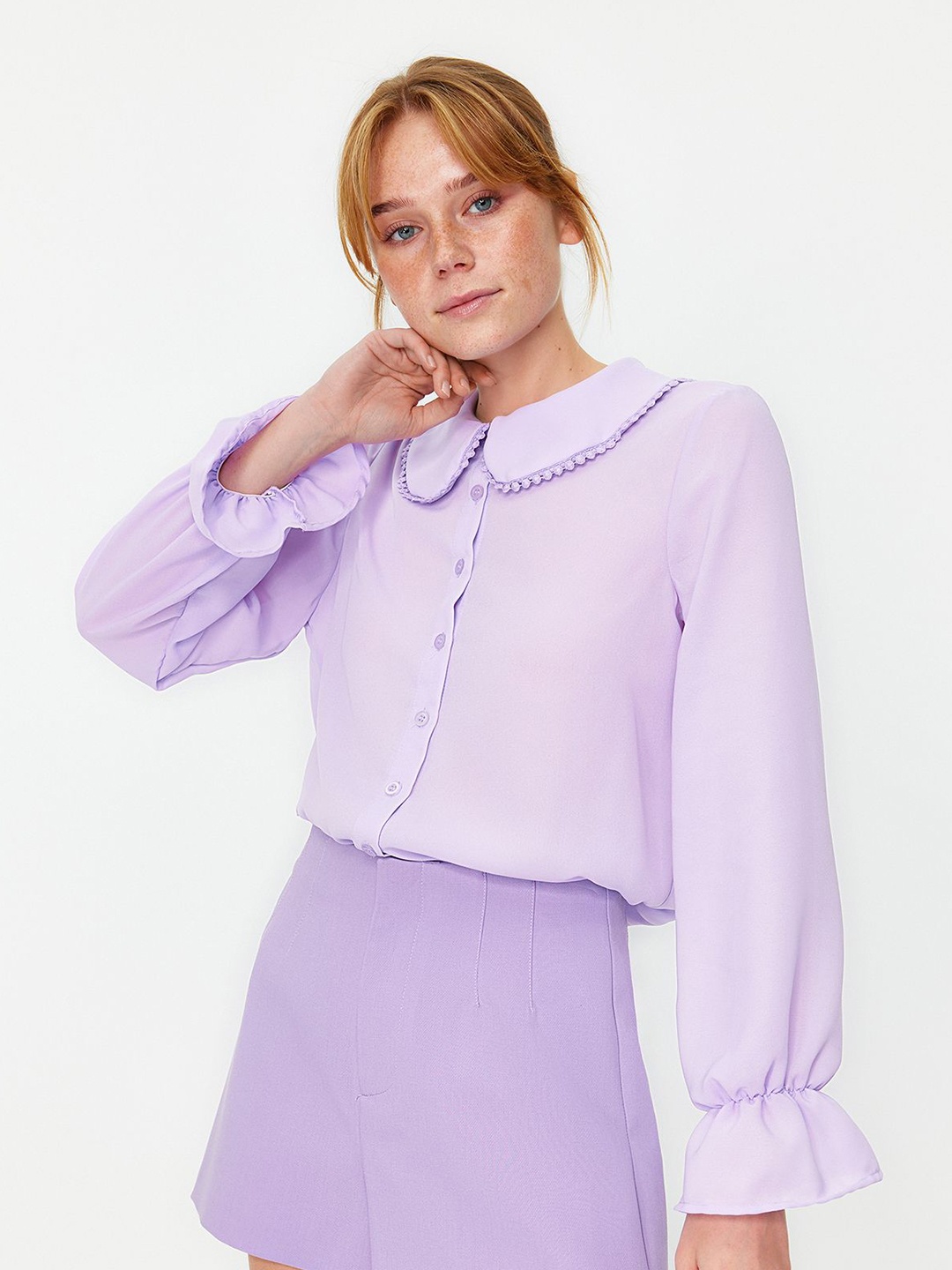 

Trendyol Women Peter Pan Collar Solid Casual Shirt, Purple