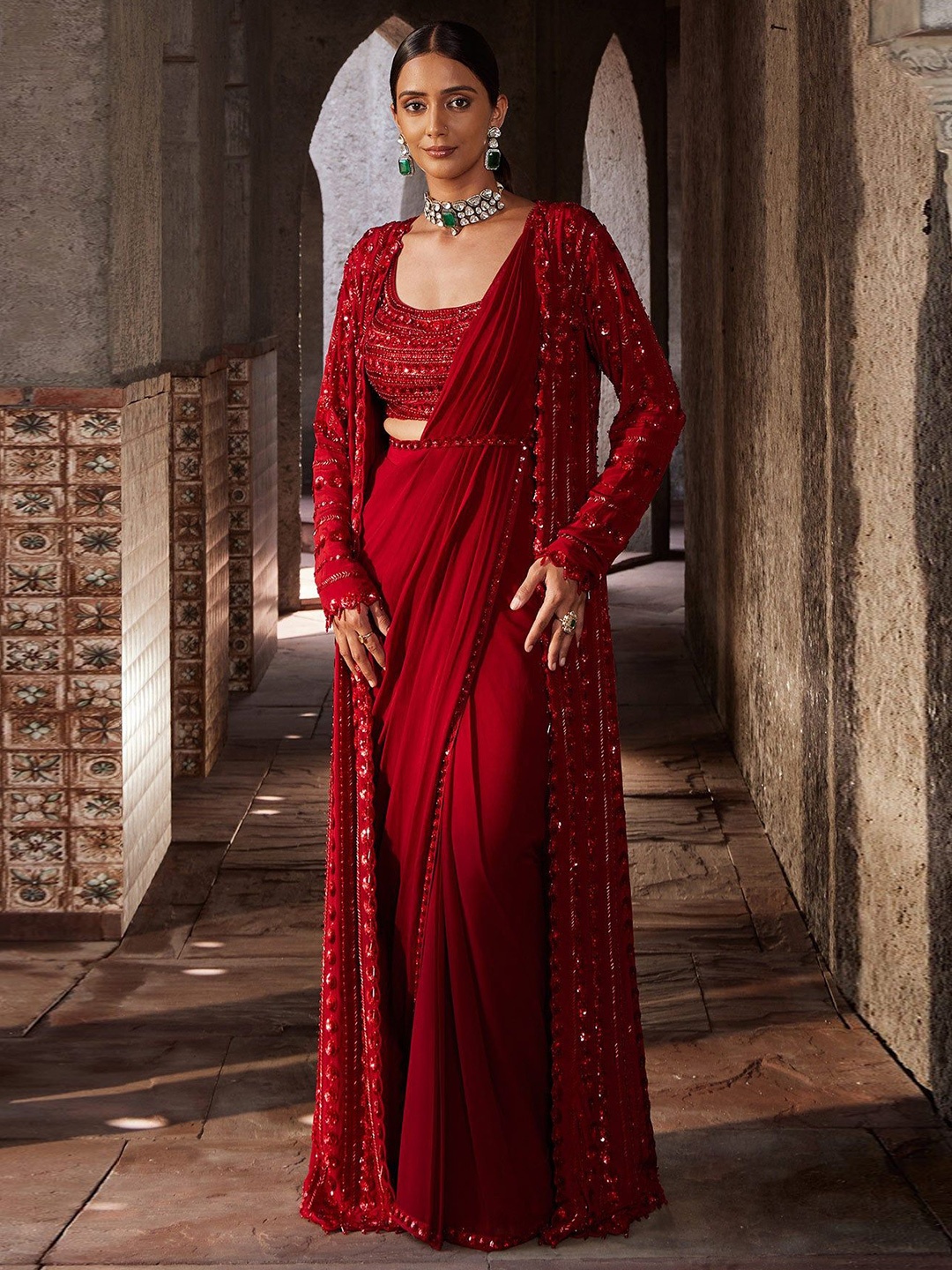 

NIDHIKA SHEKHAR Sequinned Pure Georgette Chanderi Saree, Red