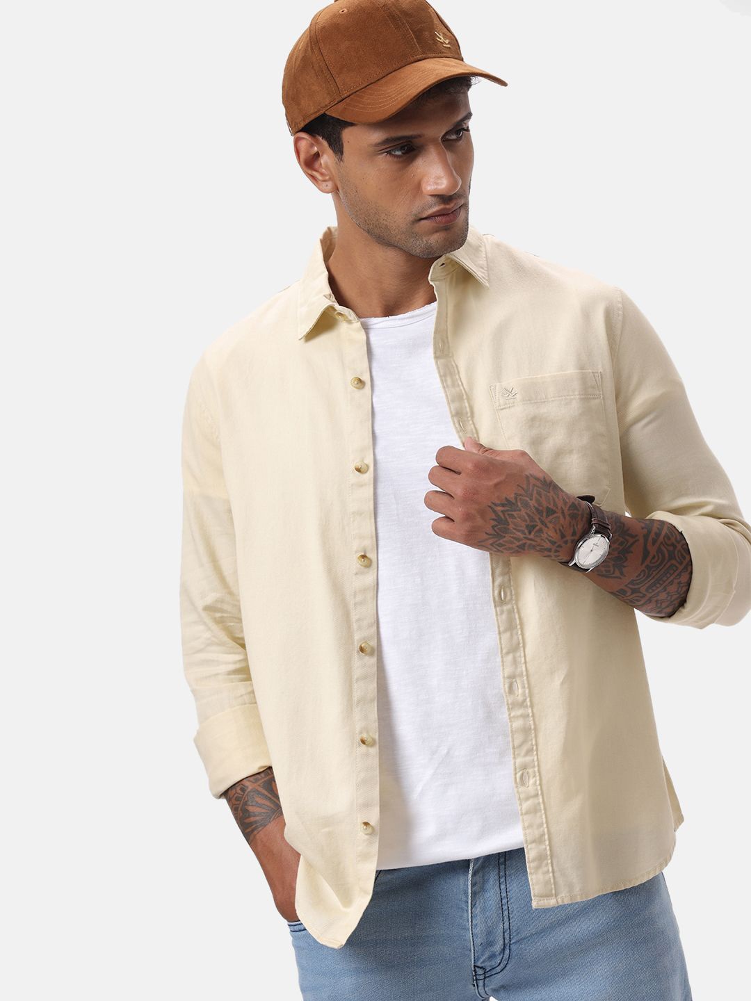 

WROGN Men Custom Spread Collar Solid Cotton Casual Shirt, Beige