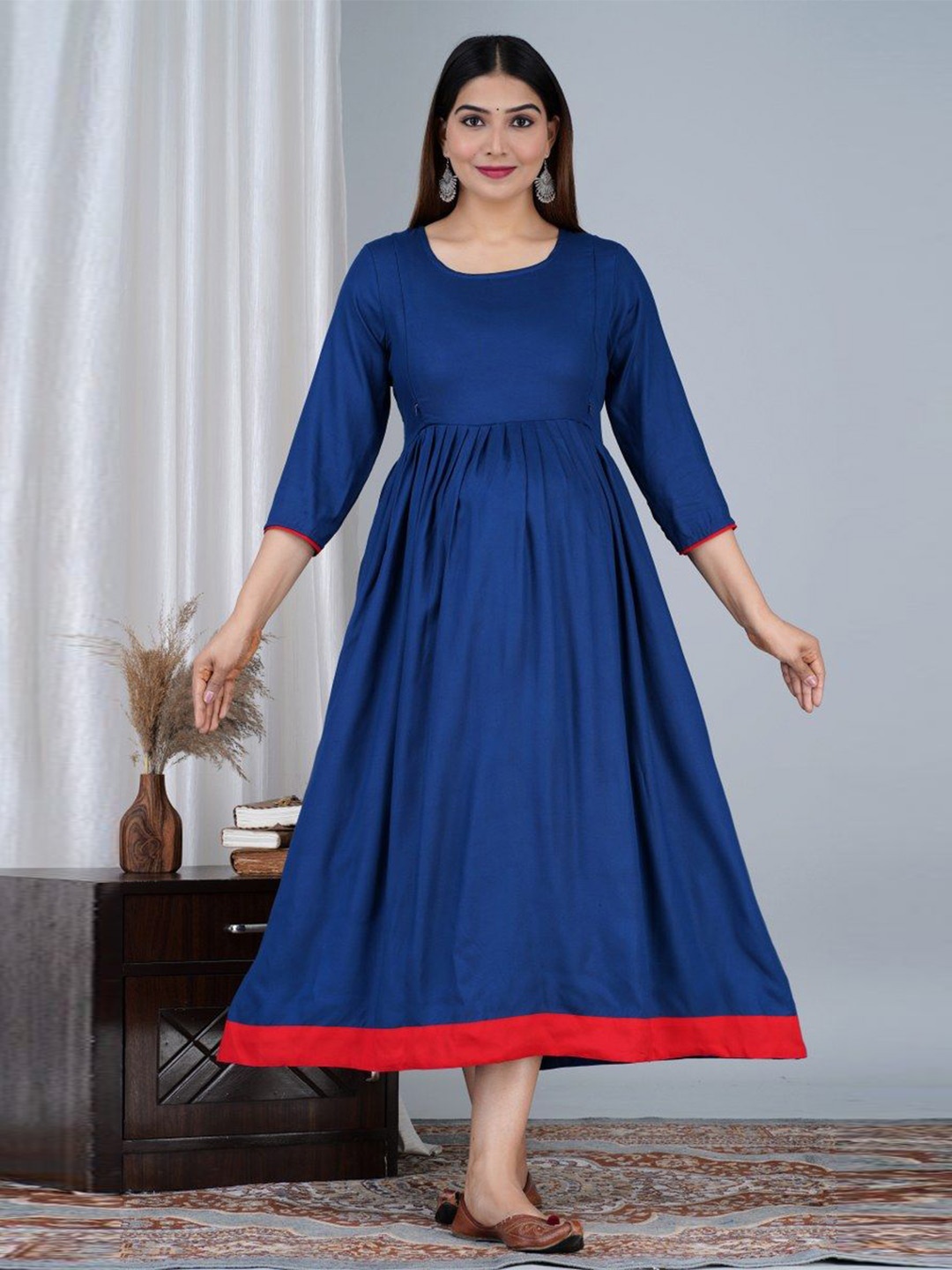 

TANISHA Maternity Fit & Flare Midi Ethnic Dresses, Blue
