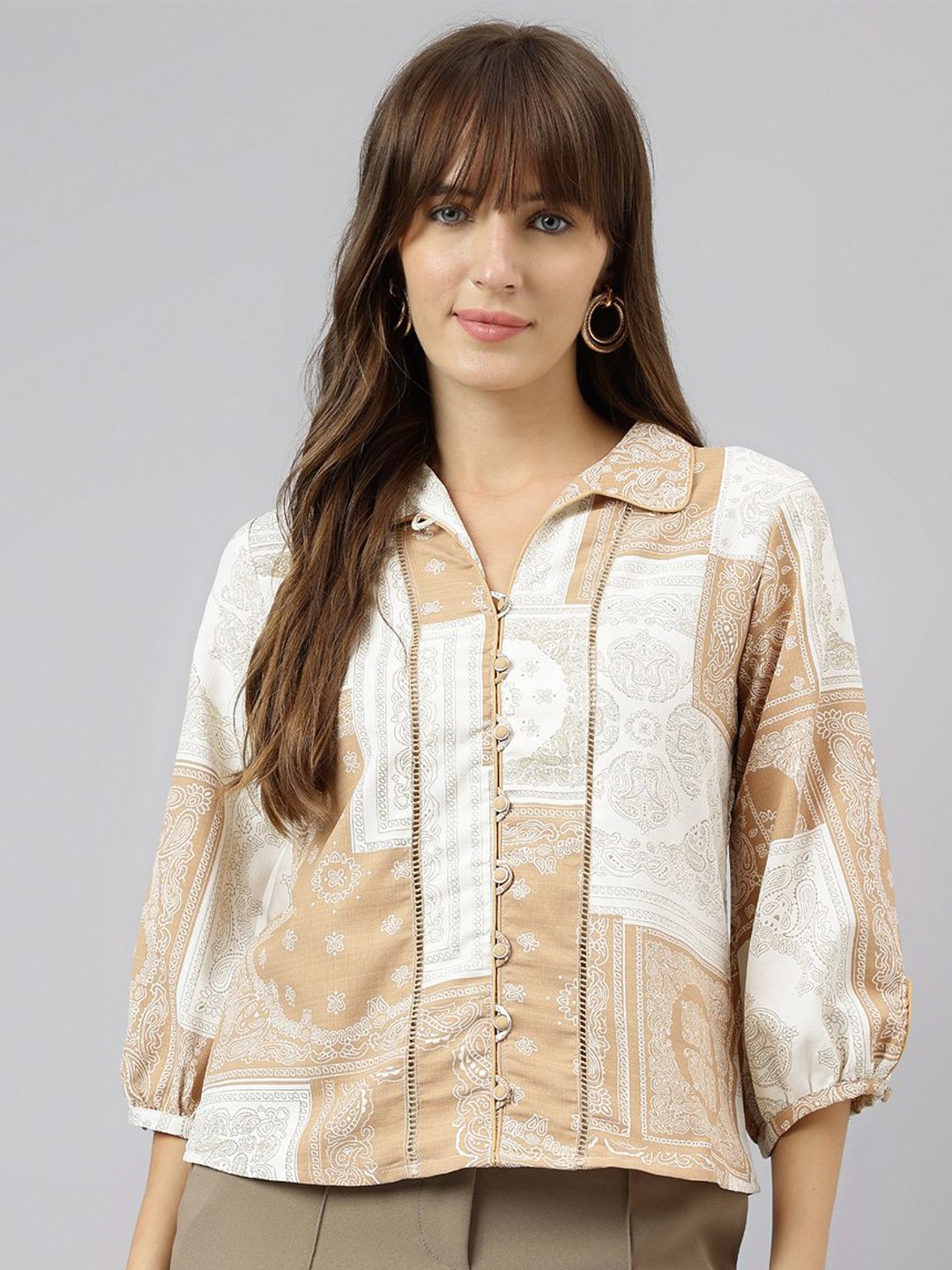 

Latin Quarters Women Spread Collar Printed Casual Shirt, Beige