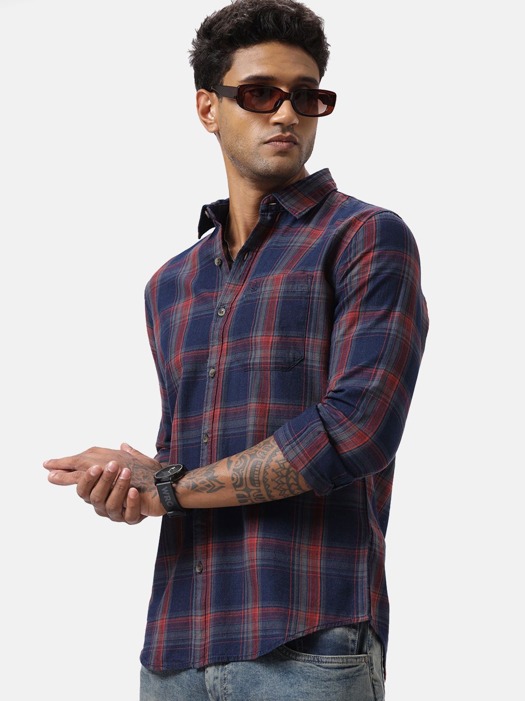 

WROGN Men Custom Spread Collar Tartan Checked Cotton Casual Shirt, Red