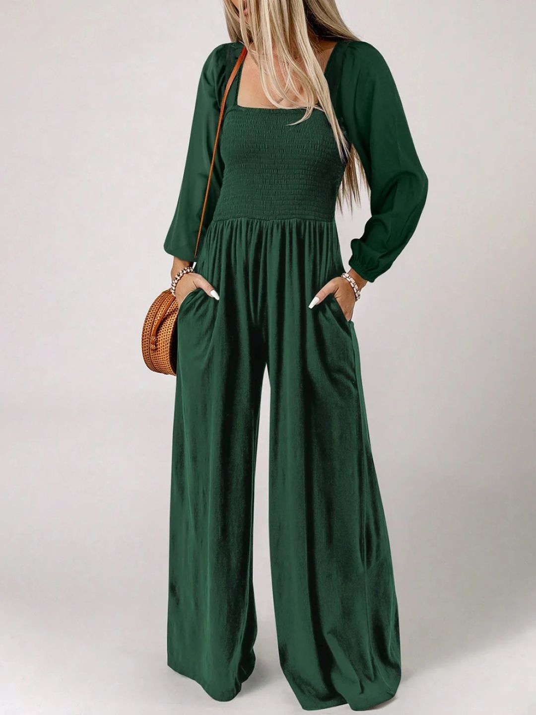 

StyleCast Jumpsuit Green Square Neck Solid Long Sleeves Polyester Playsuit