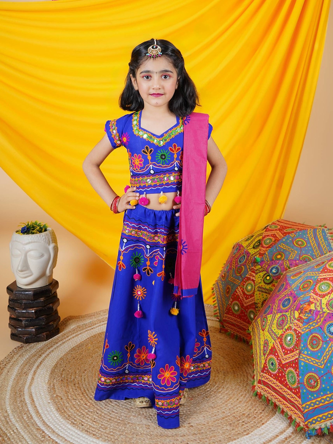 

ahhaaaa Girls Embroidered Mirror Work Ready to Wear Lehenga & Blouse With Dupatta, Blue