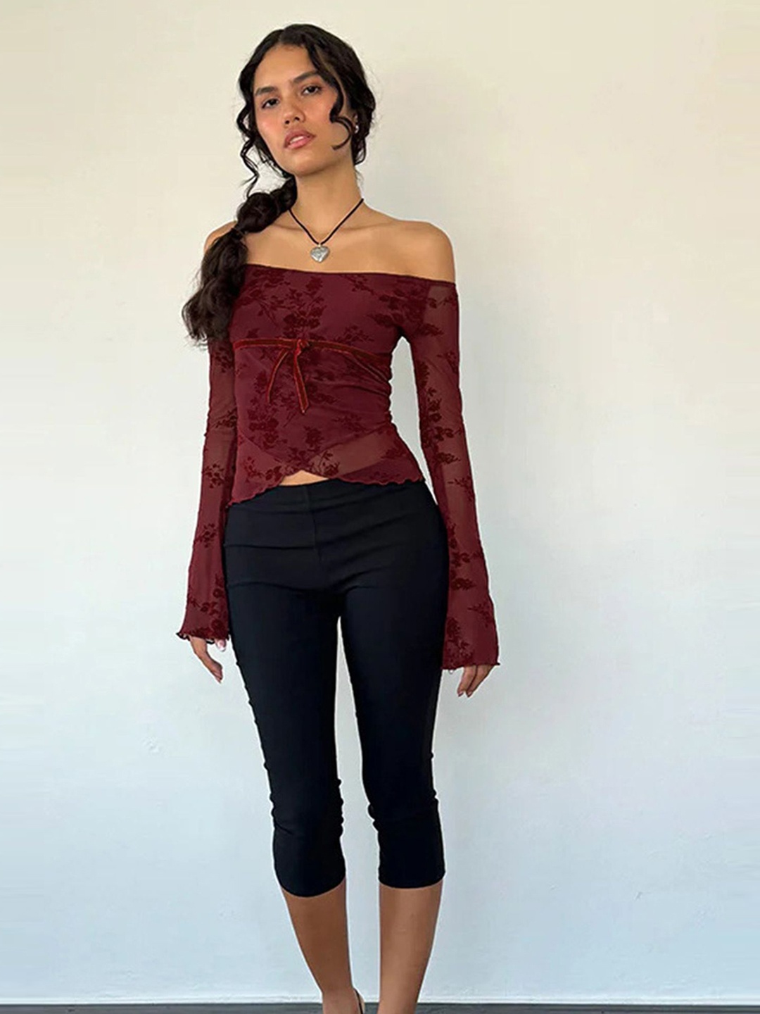 

LULU & SKY Women Self Design Off-Shoulder Top, Maroon