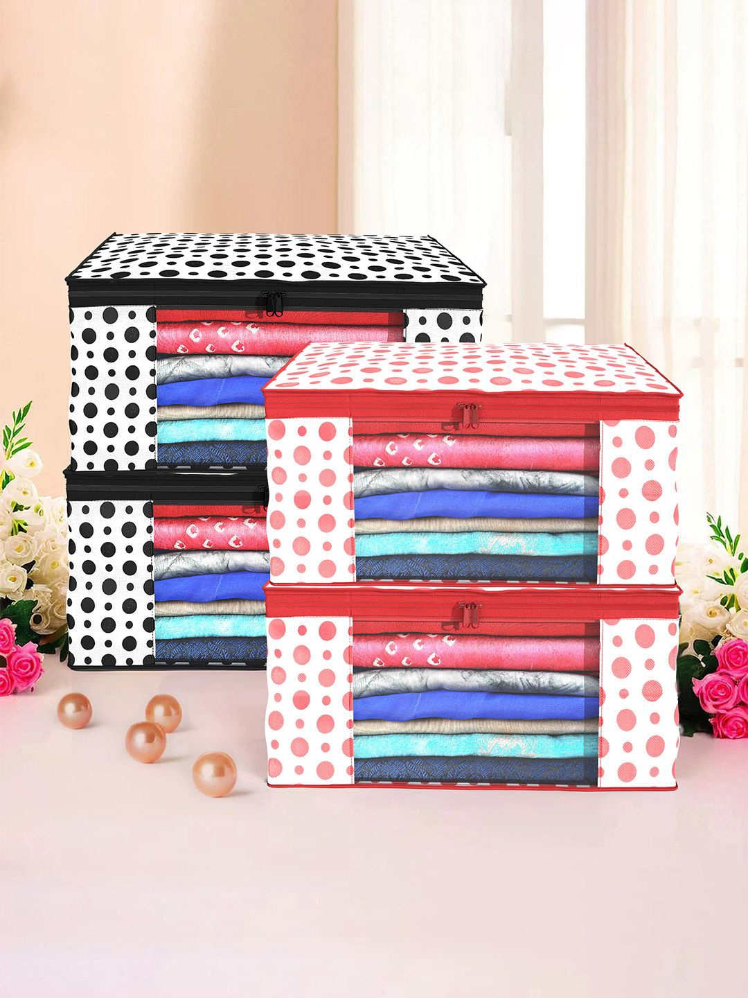 

Kuber Industries White & Red 4 Pieces Printed Foldable Multi Utility Organisers