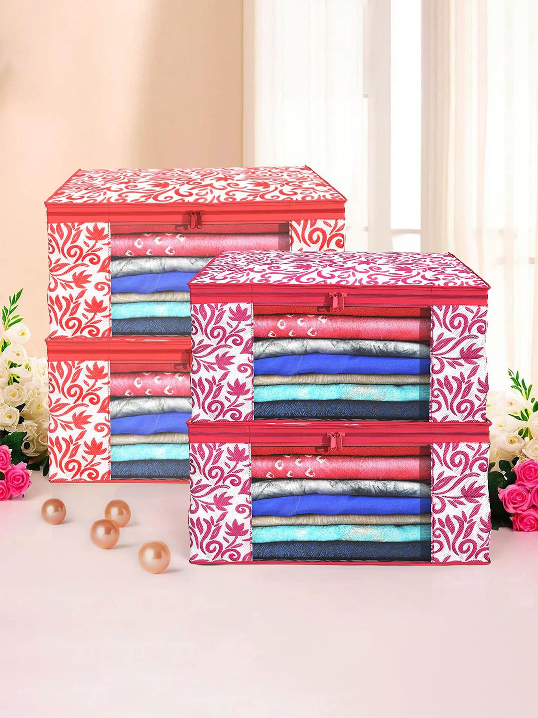 

Kuber Industries Pink & Red 4 Pieces Printed Foldable Multi Utility Organisers