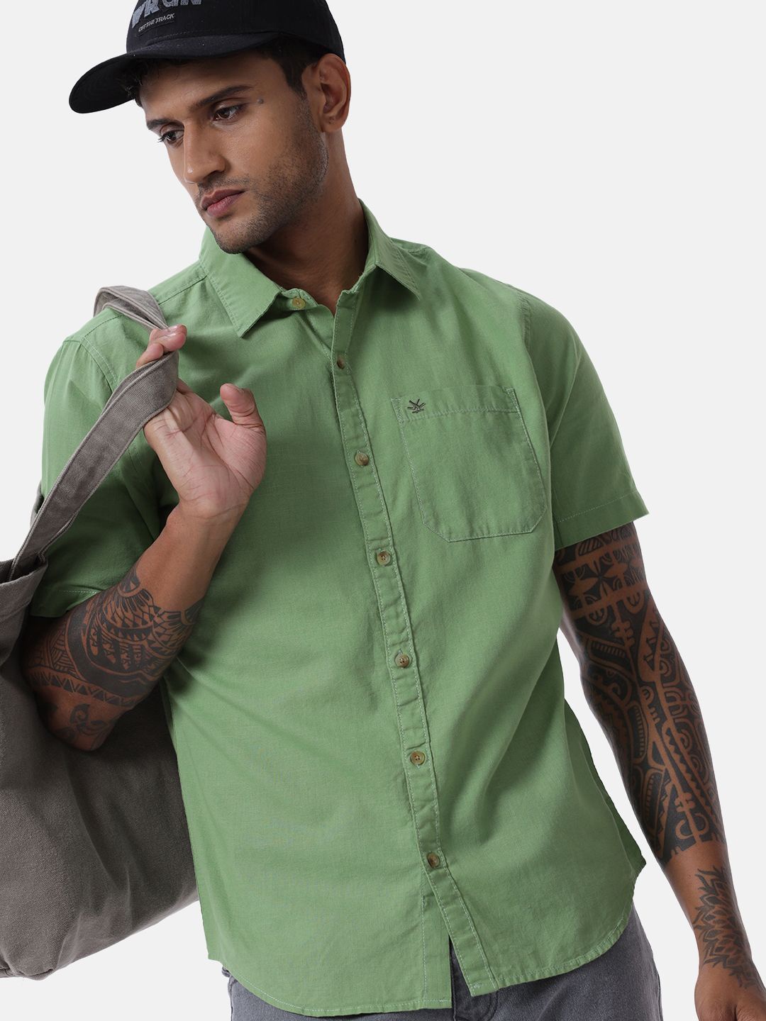 

WROGN Men Custom Spread Collar Solid Cotton Casual Shirt, Olive