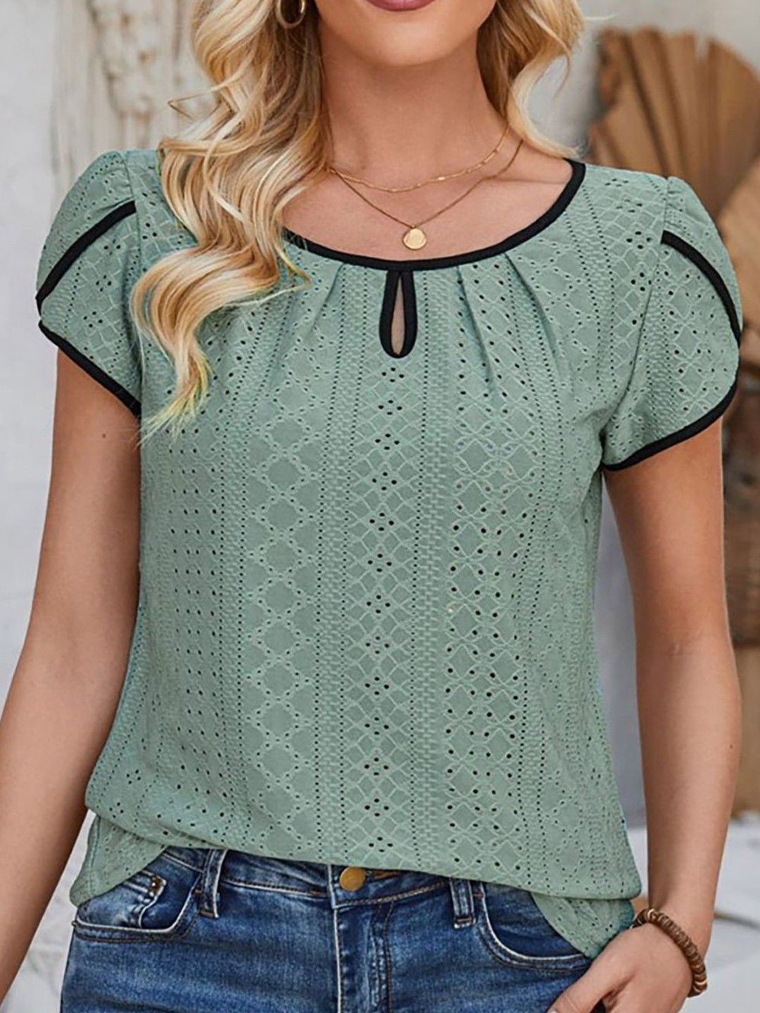 

StyleCast Women Self Design Keyhole Neck Top, Green
