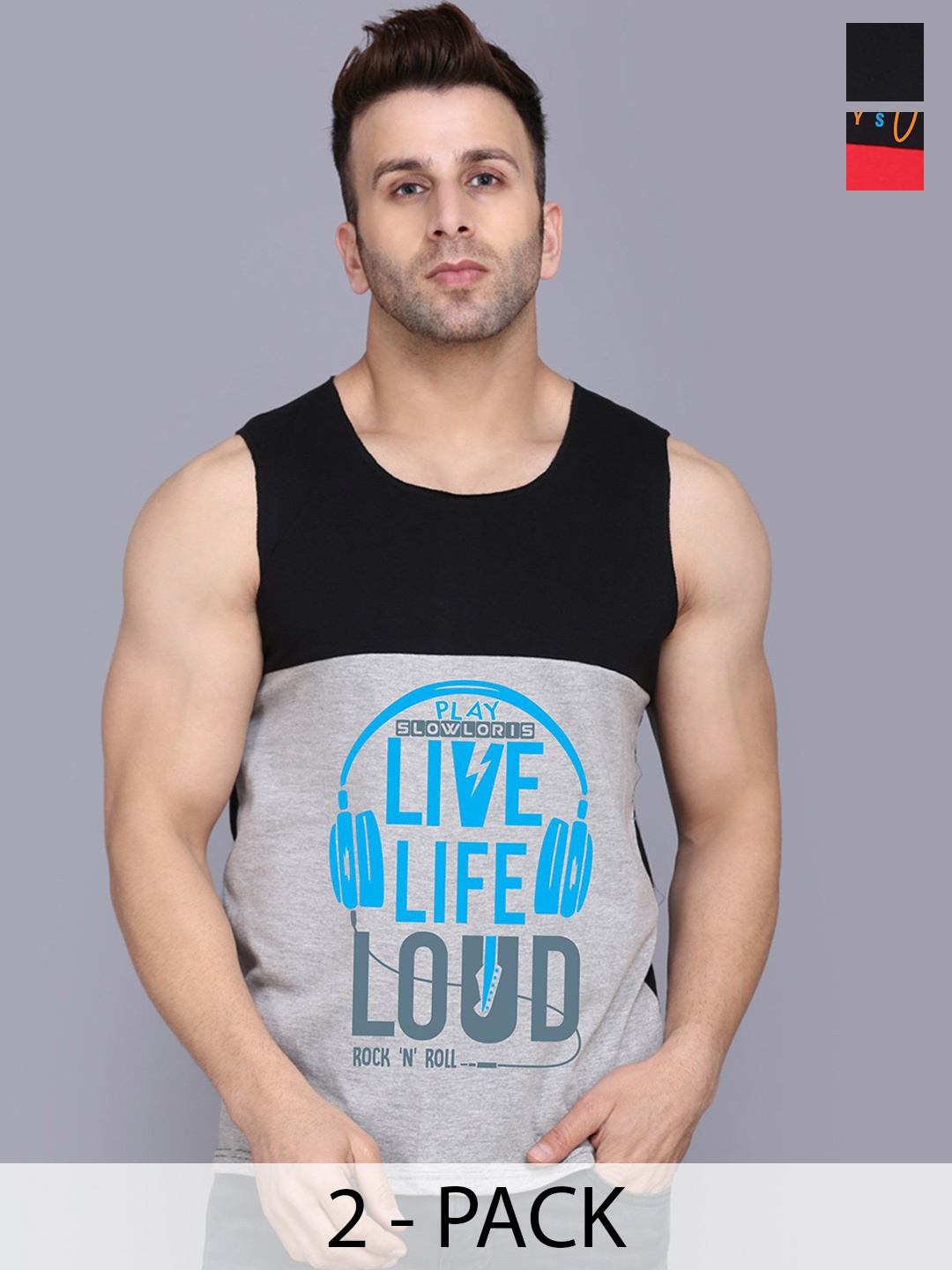 

SLOWLORIS Pack Of 2 Men Printed Gym Vests, Black