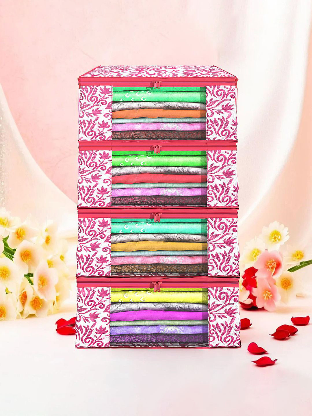 

Kuber Industries Pink & White 4 Pieces Floral Printed Foldable Drawer Organisers