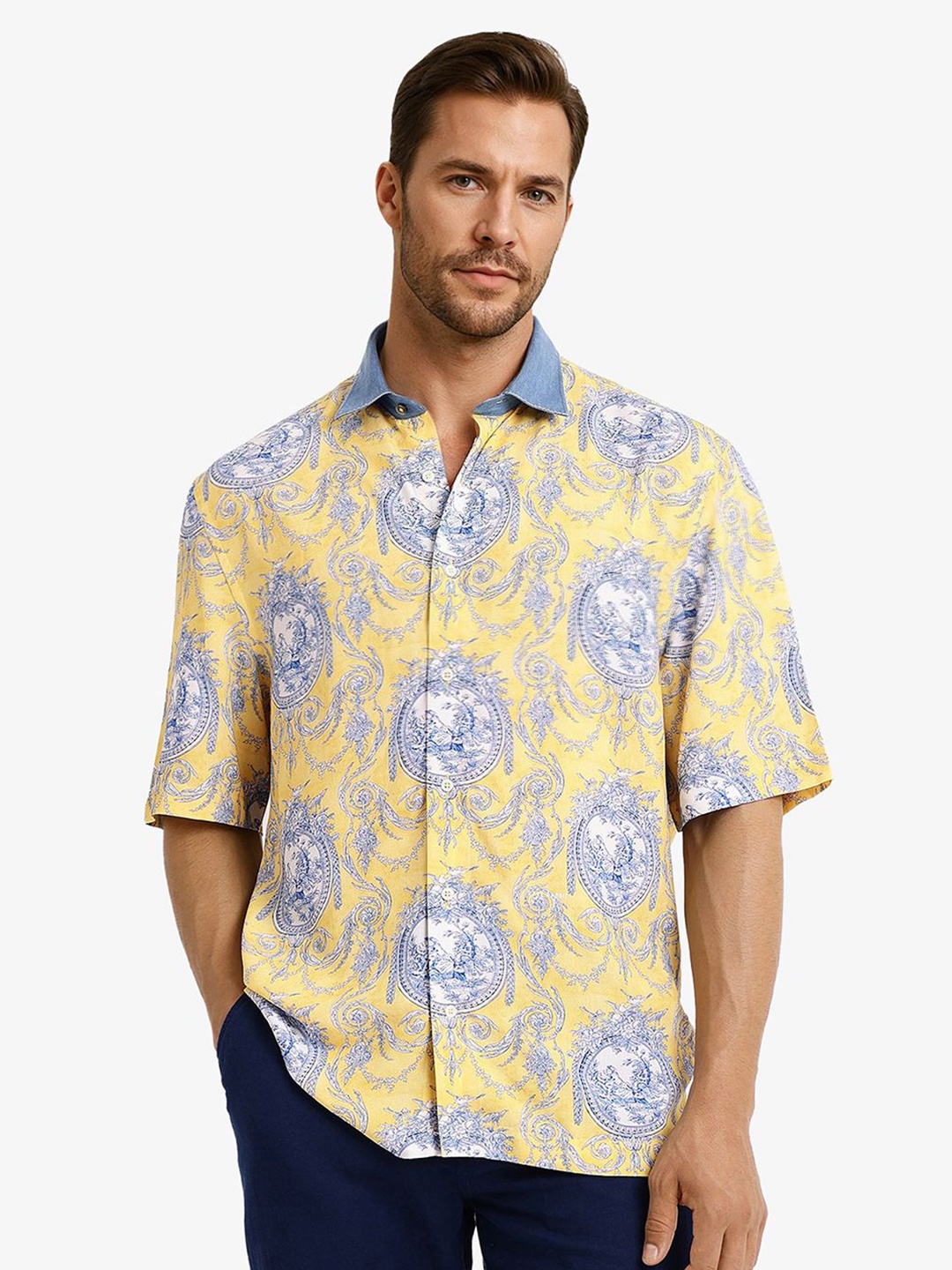 

RARE RABBIT Men Comfort Boxy Opaque Printed Casual Shirt, Yellow