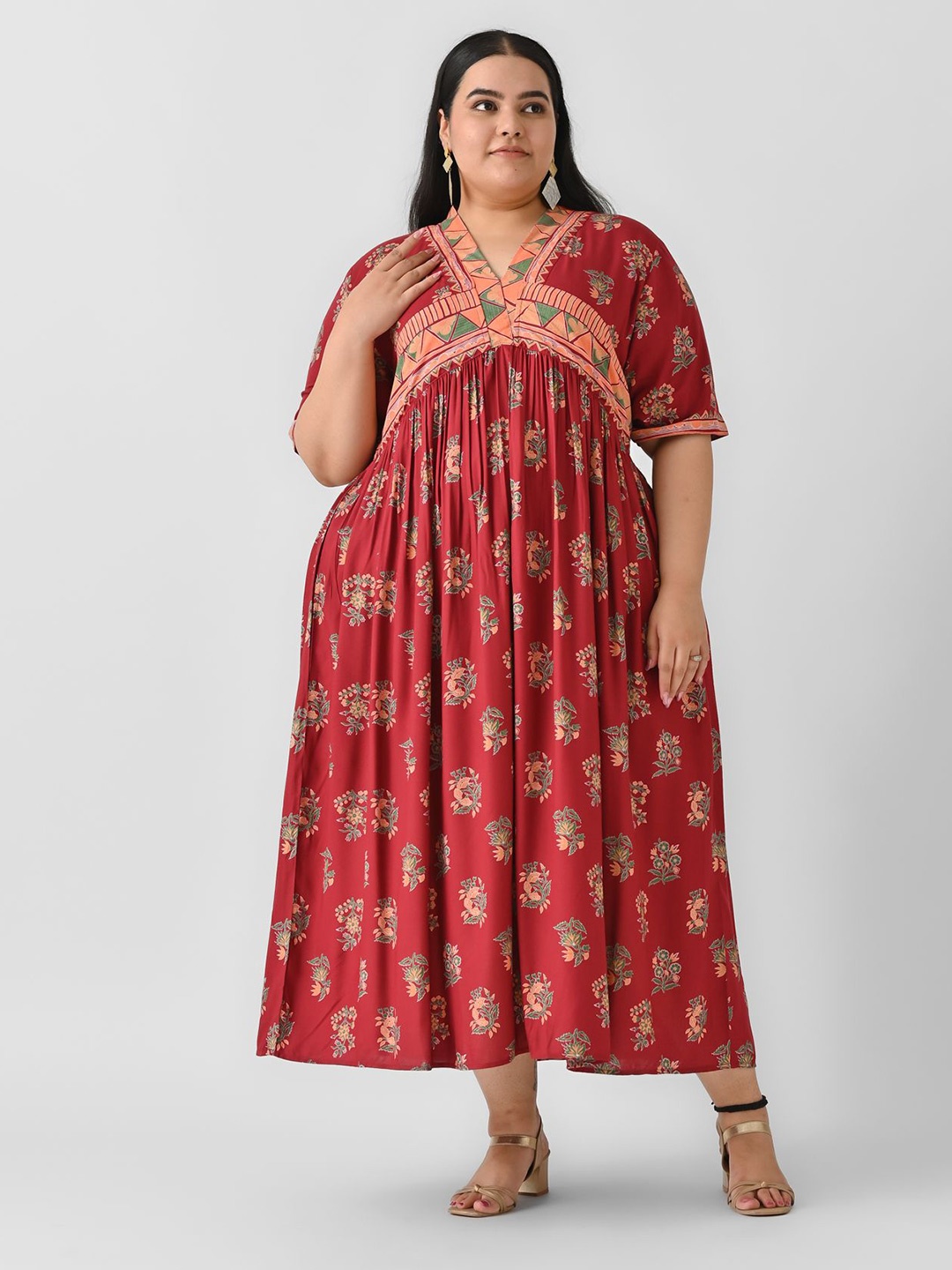 

Shape of me by Rustorange Ethnic Motifs Printed A-Line Midi Dress, Maroon