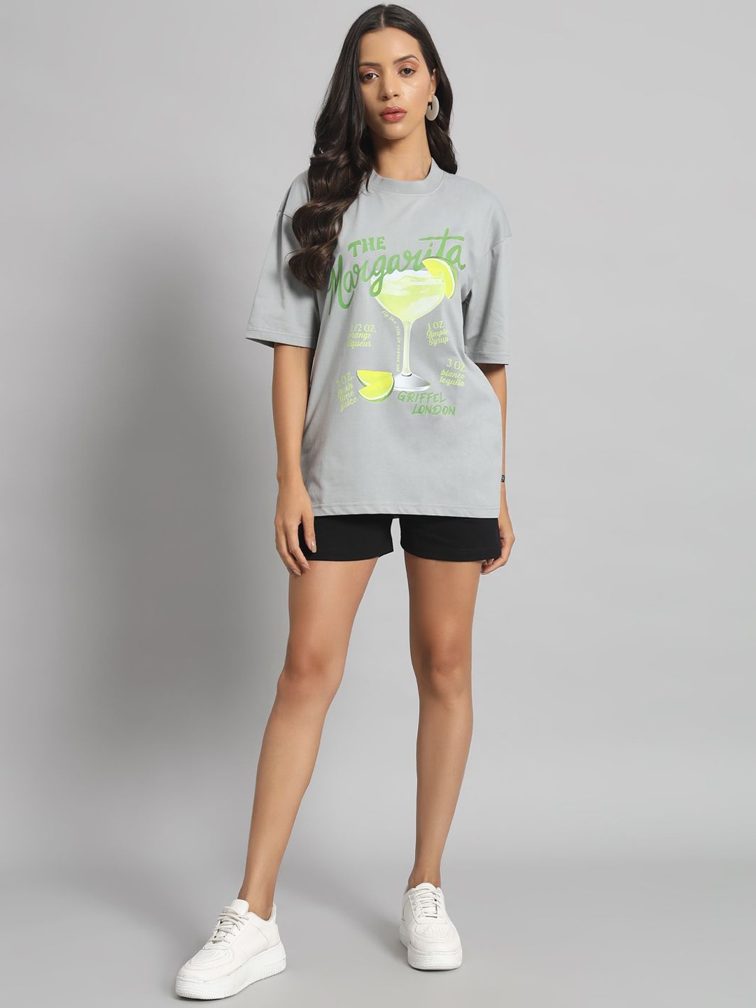 

GRIFFEL Printed Oversized Cotton T-Shirt With Shorts Co-Ords, Grey melange