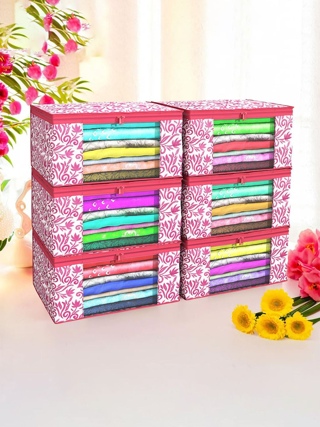 

Kuber Industries Pink & White 6 Pieces Printed Foldable Multi Utility Organisers