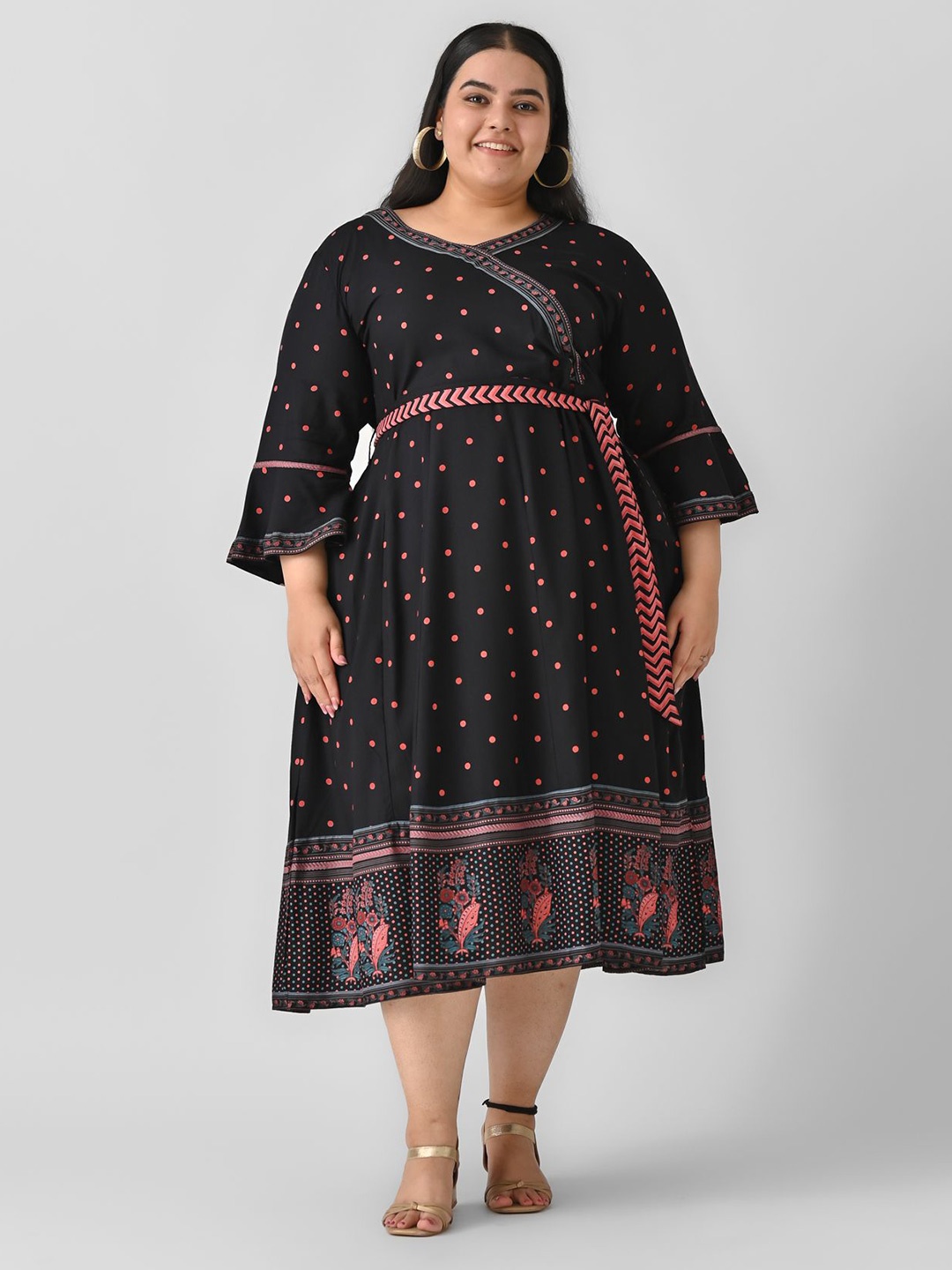 

Shape of me by Rustorange Ethnic Motifs Print Bell Sleeve Fit & Flare Midi Dress, Black