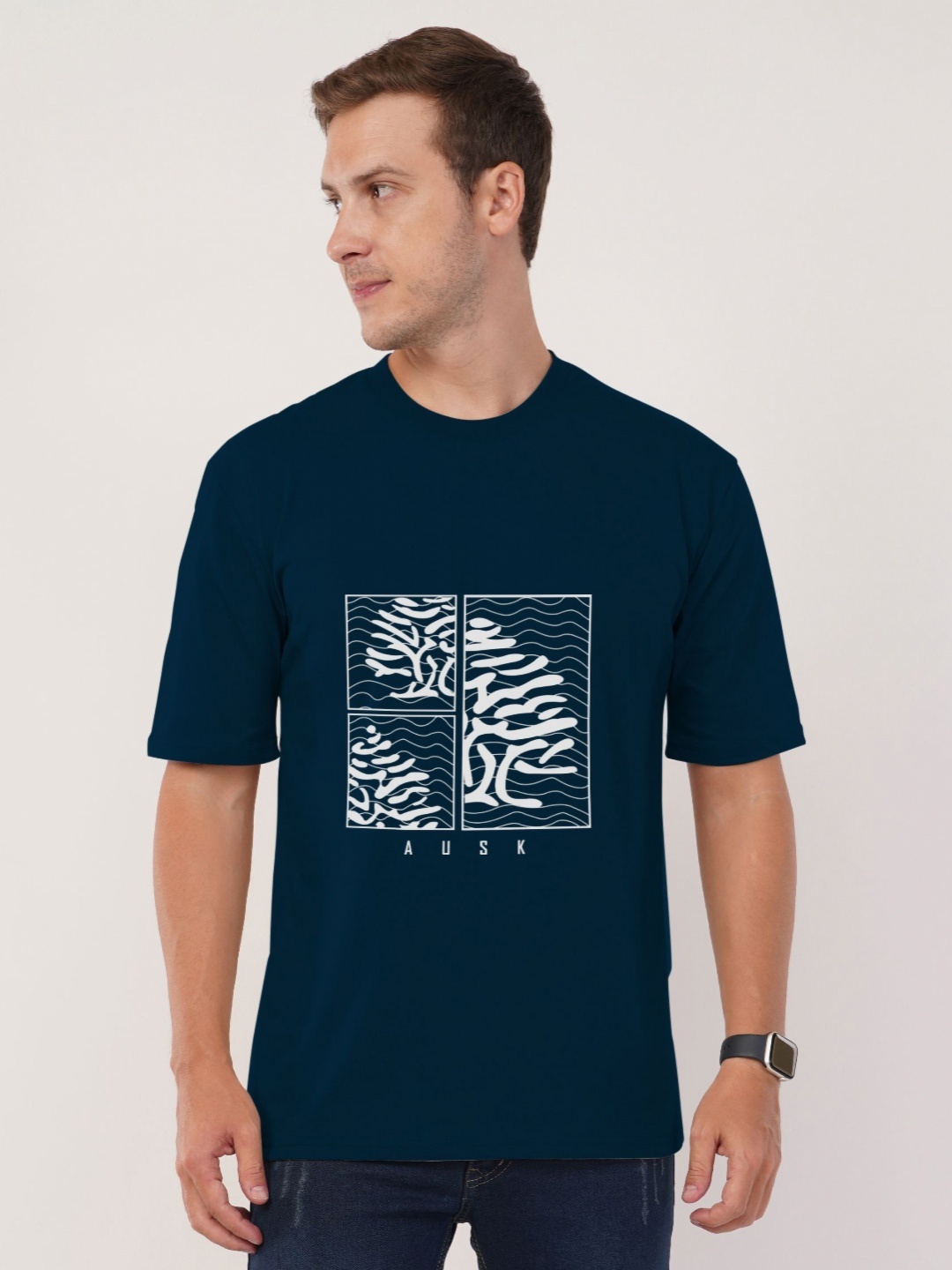 

AUSK Front Printed Half Sleeve Round Neck Tshirt, Navy blue