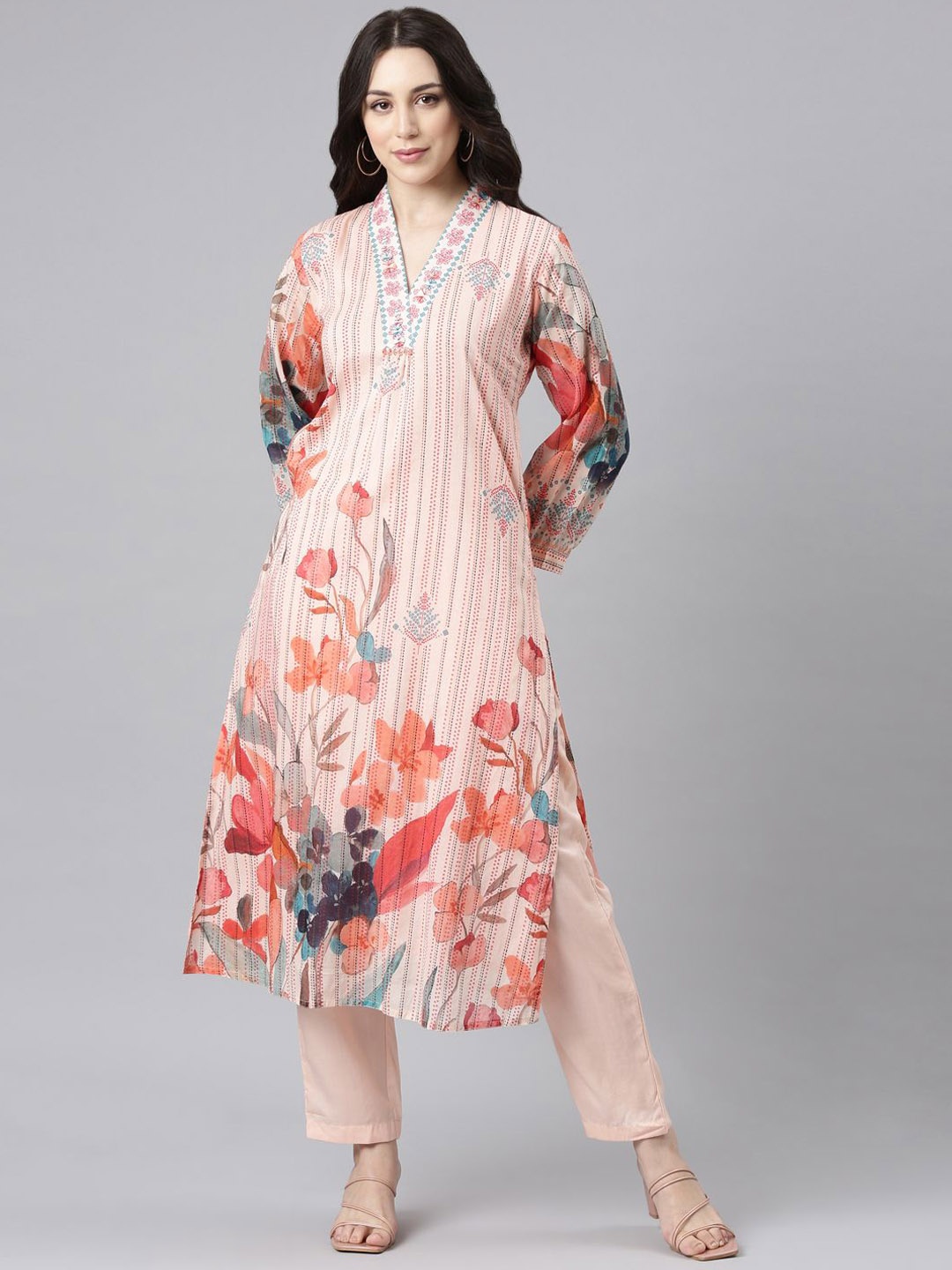 

Neerus Women Floral Printed Panelled Thread Work Kurta with Trousers, Peach
