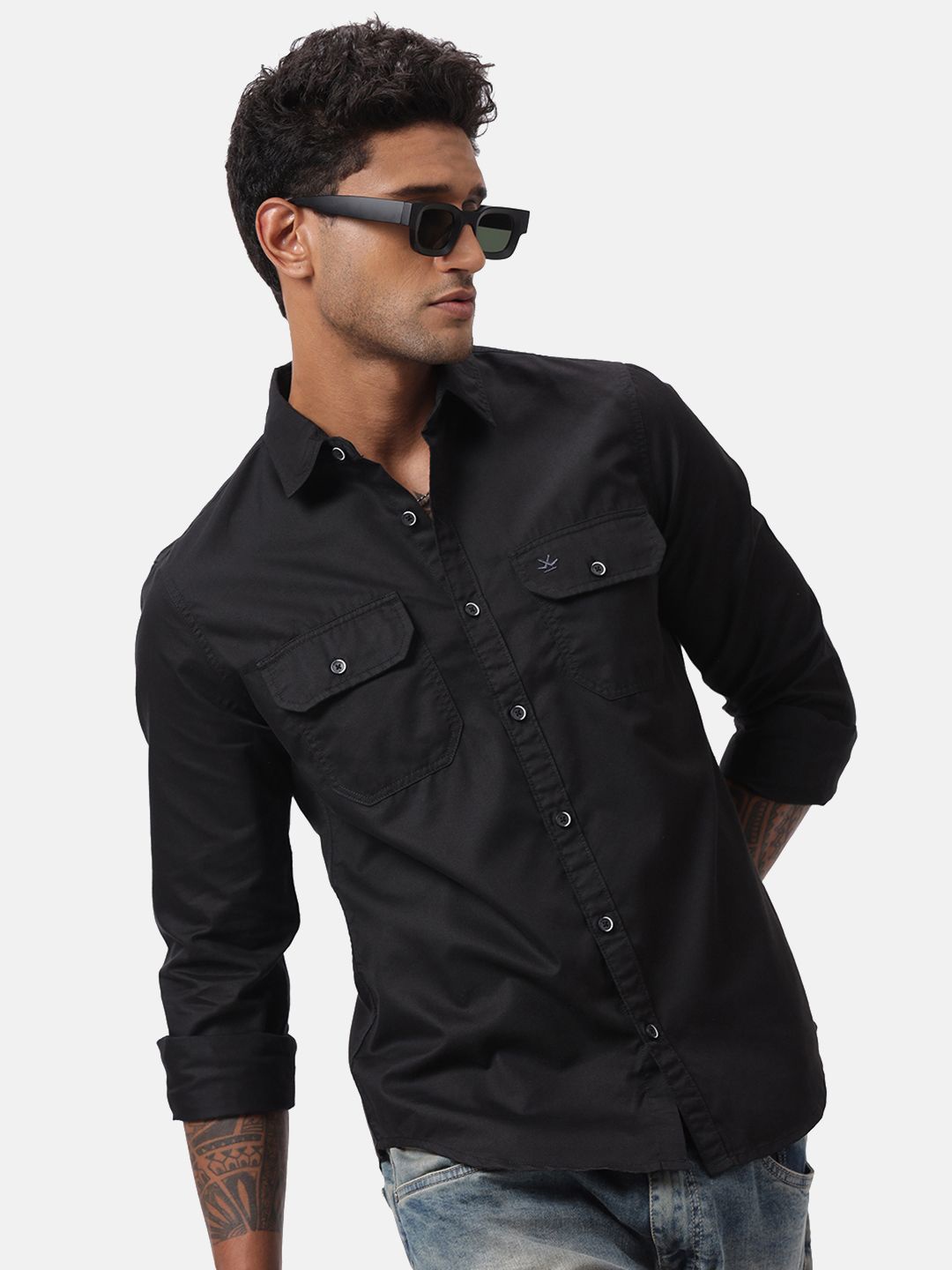 

WROGN Men Custom Spread Collar Solid Cotton Casual Shirt, Black
