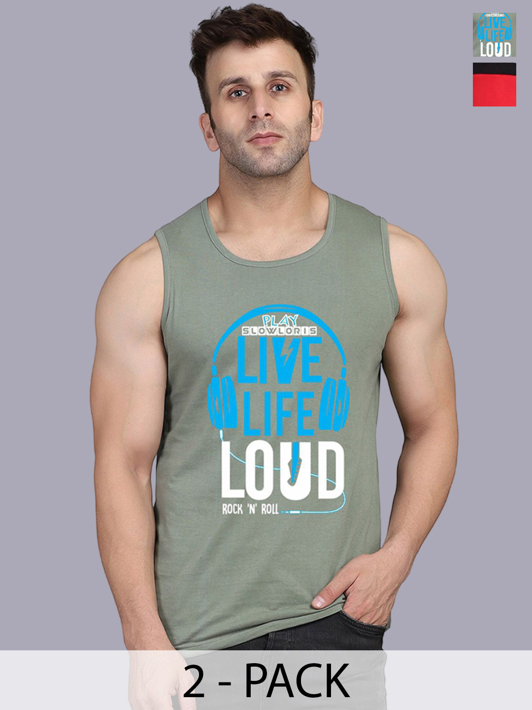 

SLOWLORIS Pack Of 2 Men Printed Gym Vests, Green