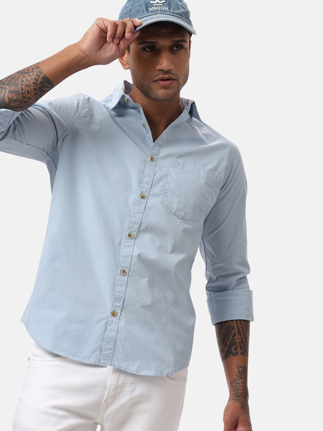 

WROGN Men Custom Spread Collar Solid Cotton Casual Shirt, Blue