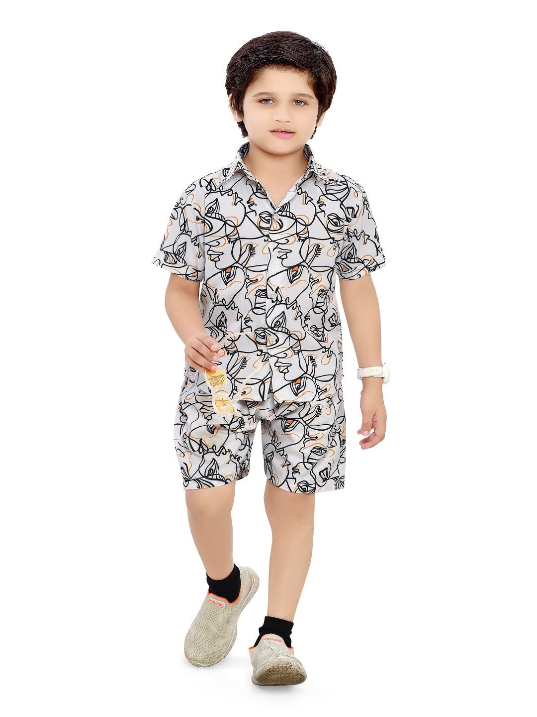 

BAESD Boys Abstract Printed Pure Cotton Shirt with Shorts, White