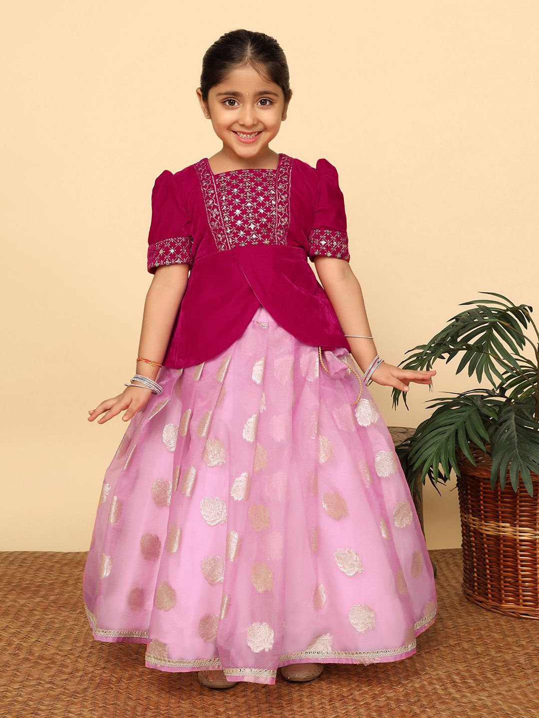 

BAESD Girls Embroidered Organza Ready to Wear Lehenga & Choli, Pink