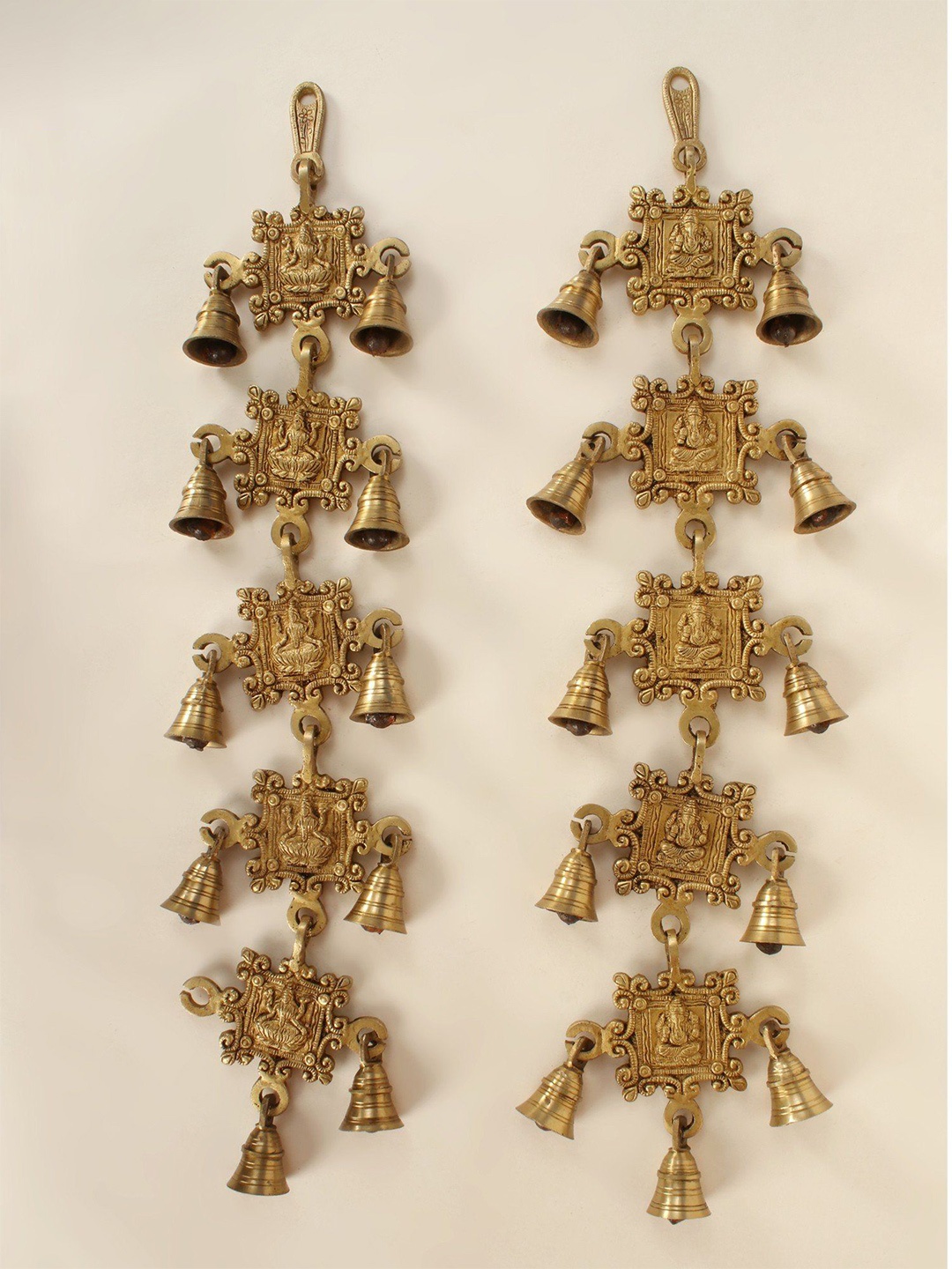

Exotic India 22" Brass Ganesha - Lakshmi Wall Hanging Bells, Gold