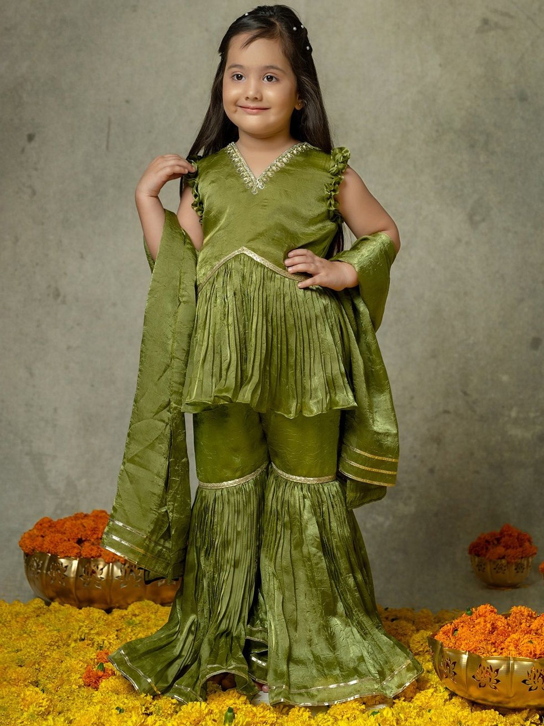 

Vivedkids Girls Gotta Patti V Neck A Line Kurta with Sharara & Dupatta, Olive