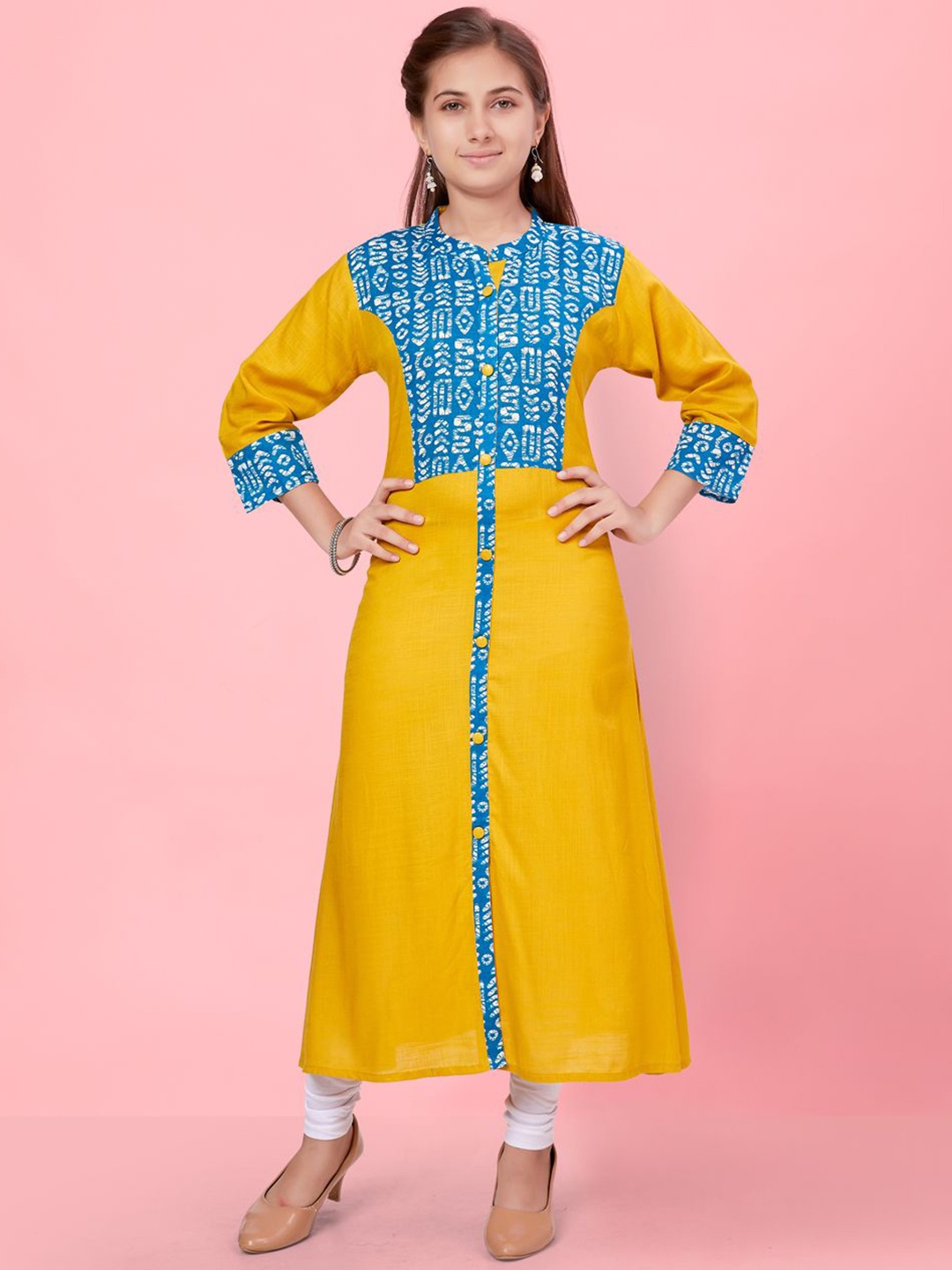 

BAESD Girls Quirky Yoke Design Flared Sleeves Thread Work Kurta, Yellow