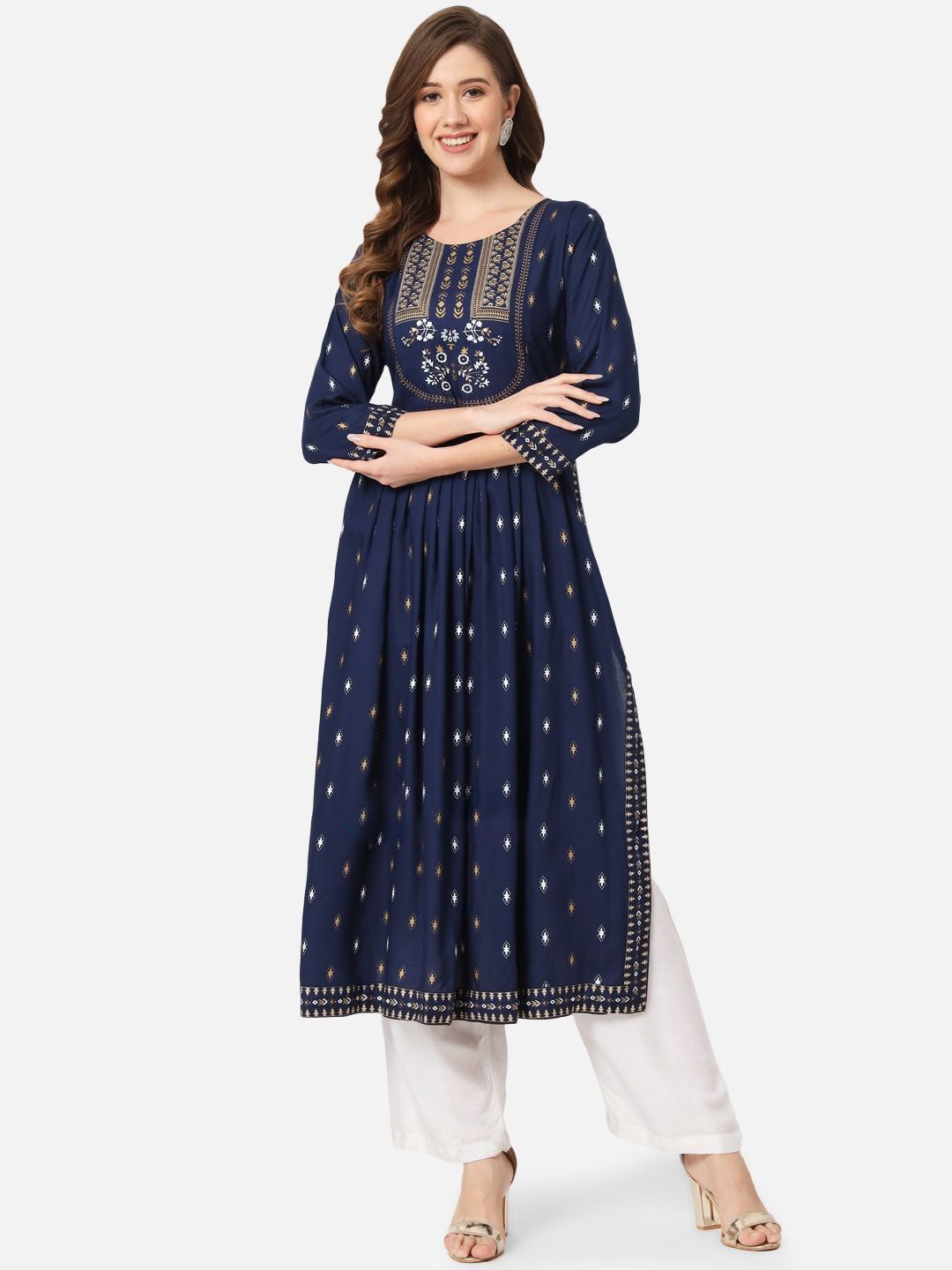 

ASHRU Women Geometric Striped Flared Sleeves Thread Work Floral Anarkali Kurta, Navy blue