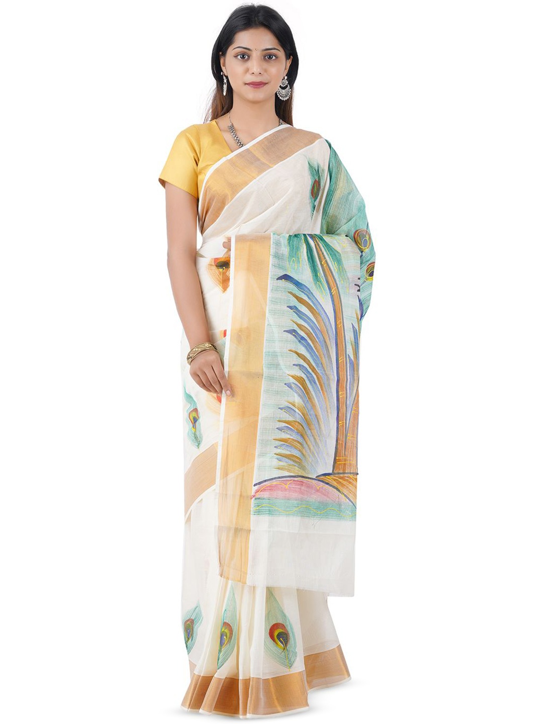 

Rst R Selvamani Tex Ethnic Motifs Zari Pure Cotton Kasavu Saree, Off white