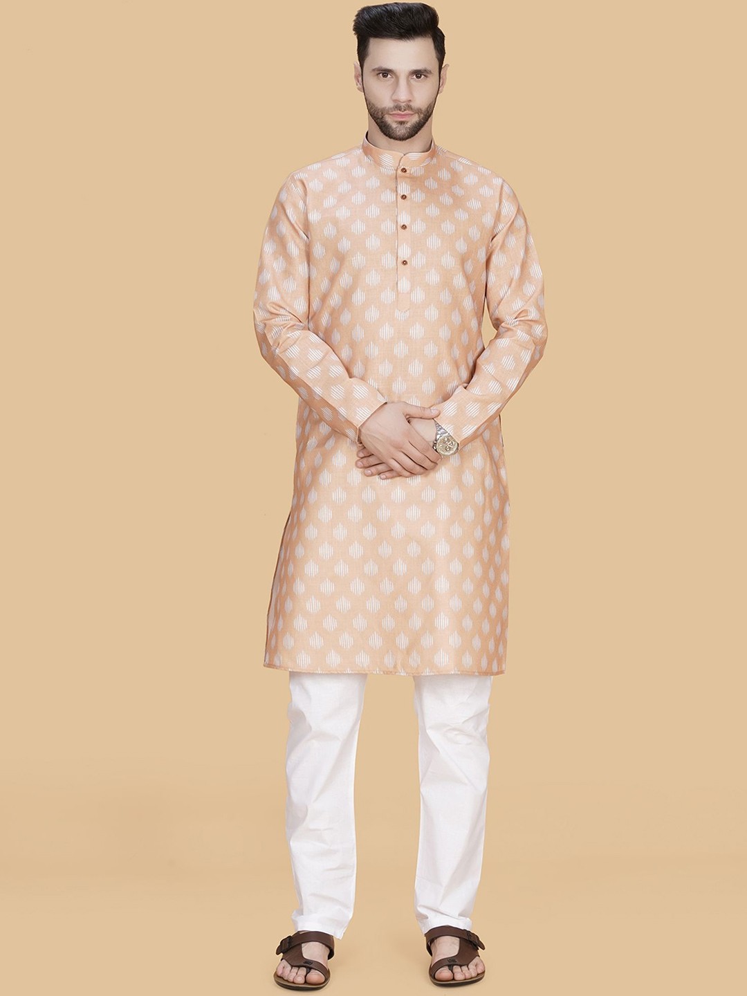 

LA'SCOOT Men Printed Regular Pure Cotton Kurta with Trousers, Pink