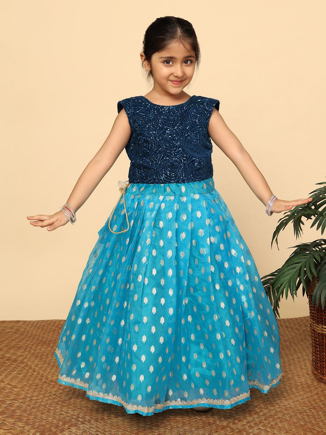 

BAESD Girls Embroidered Sequinned Velvet Ready to Wear Lehenga & Choli, Blue