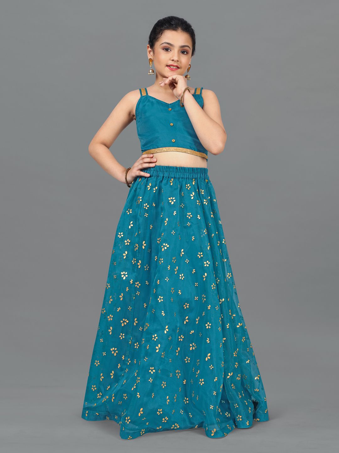 

BAESD Girls Embellished V-Neck Organza Ready to Wear Lehenga with Blouse, Blue