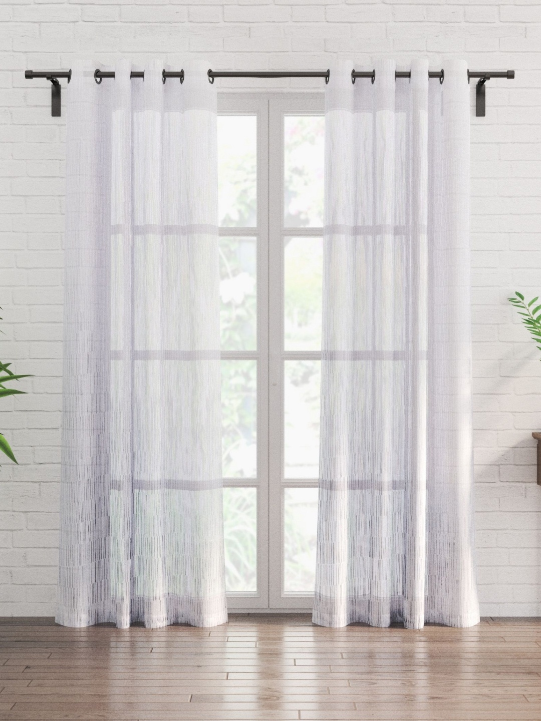 

Home Centre White & Silver-Toned Set of 2 Striped Sheer Door Curtain