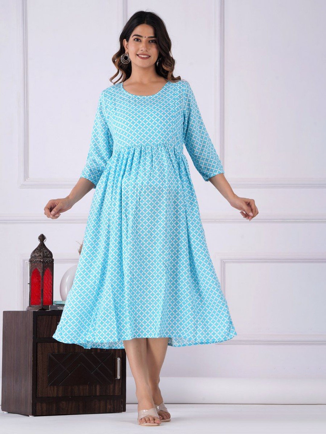 

TANISHA Ethnic Motifs Printed Maternity Empire Midi Dress, Blue