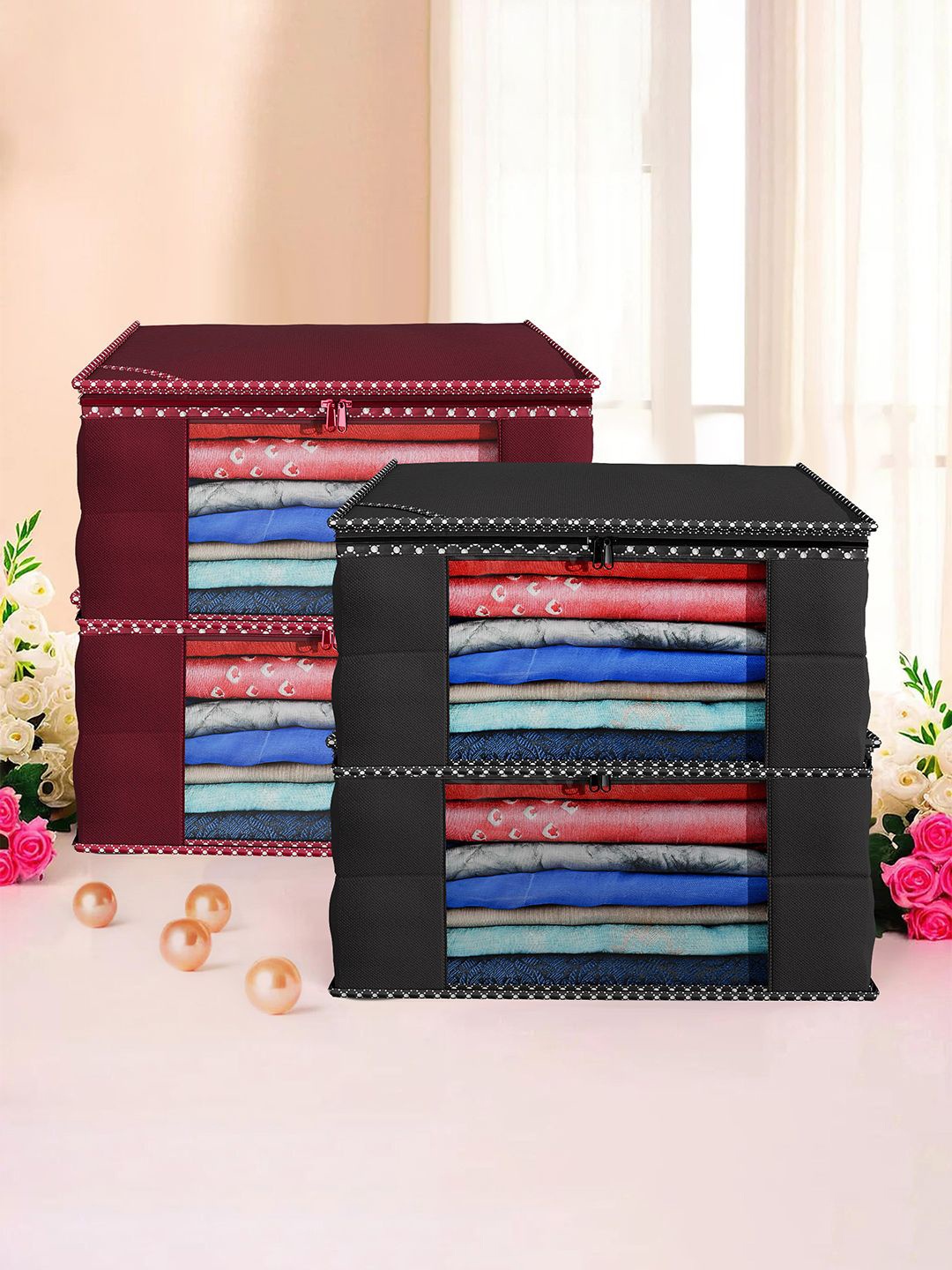 

Kuber Industries Maroon & Black 4 Pieces Printed Foldable Multi Utility Organisers