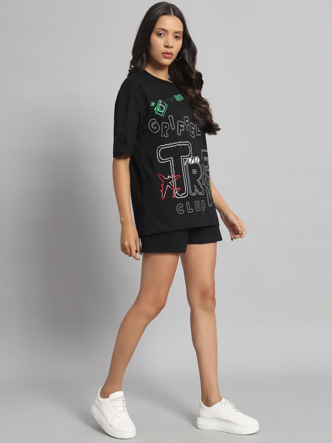 

GRIFFEL Printed Pure Cotton T-Shirt & Shorts Co-Ords, Black
