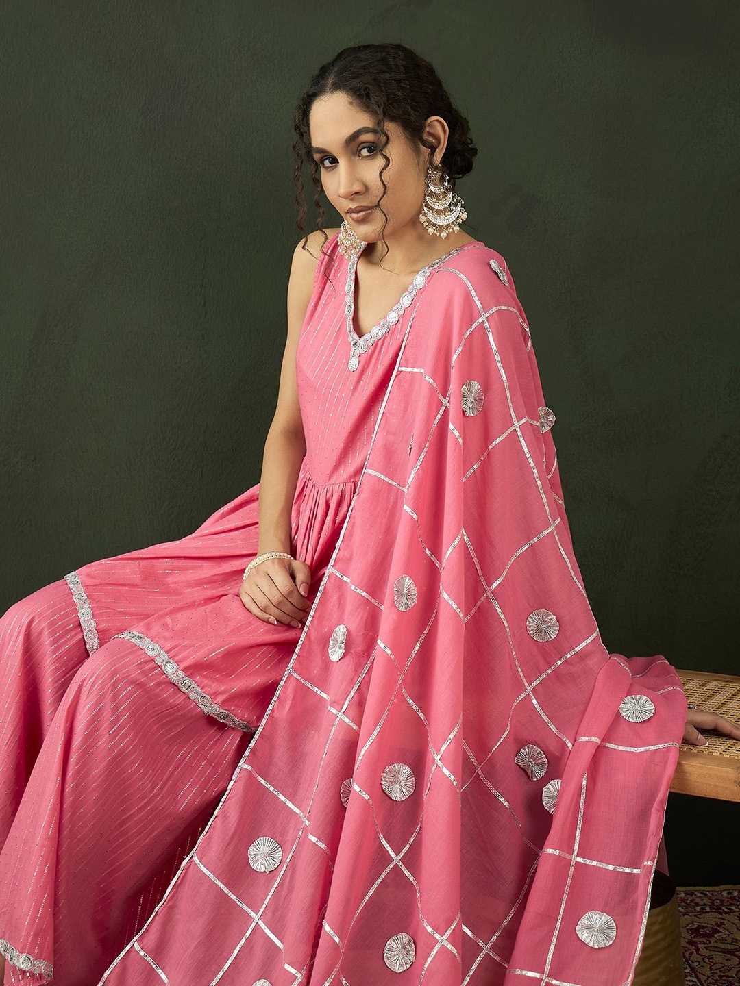 

Sangria Sequence With Striped Kurta & Sharara With Dupatta, Pink