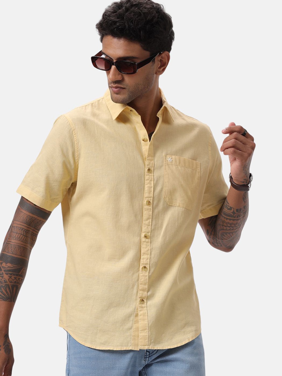 

WROGN Men Custom Spread Collar Solid Cotton Casual Shirt, Beige