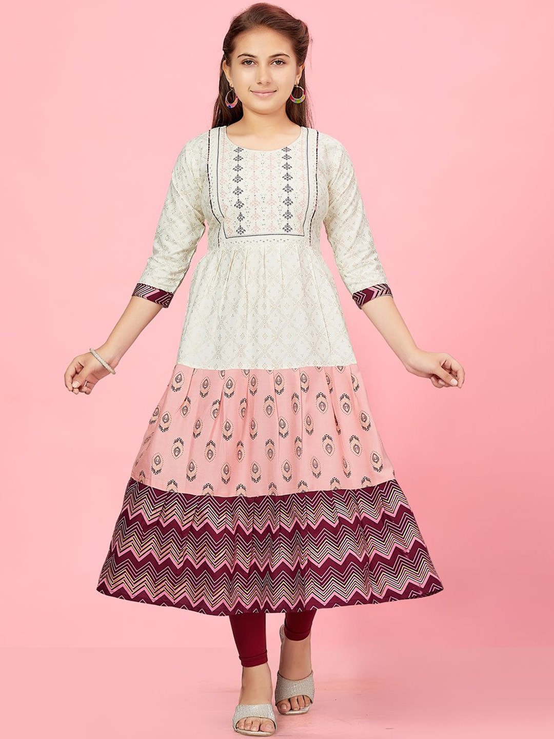 

BAESD Girls Geometric Striped Gotta Patti Anarkali Kurta, Cream