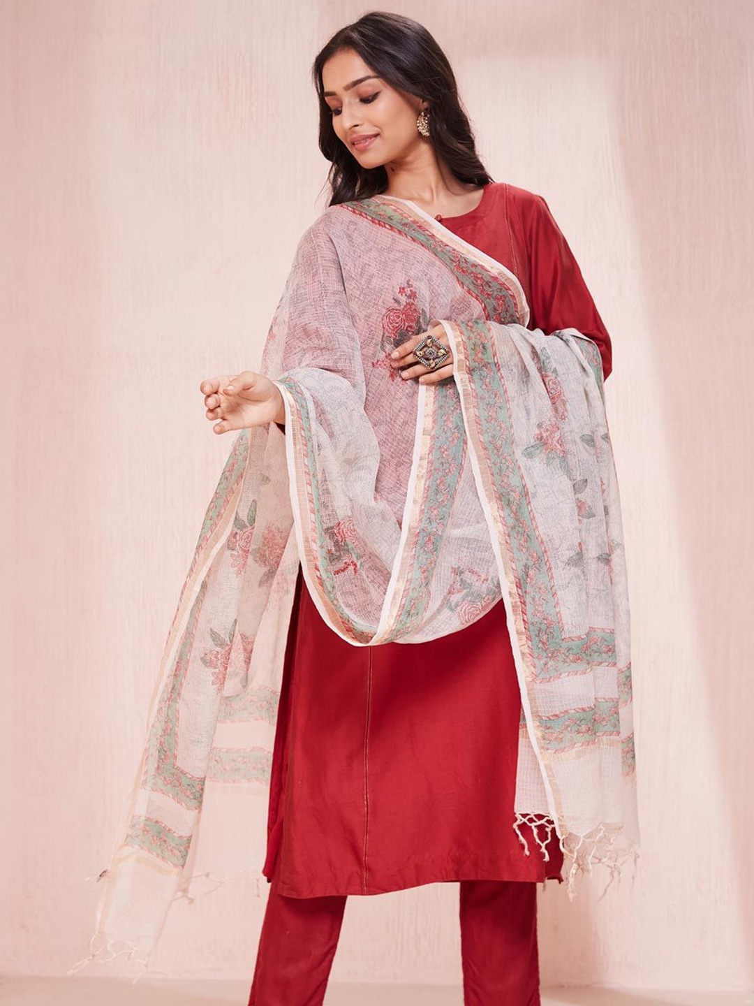 

Fabindia Floral Printed Cotton Silk Dupatta, White