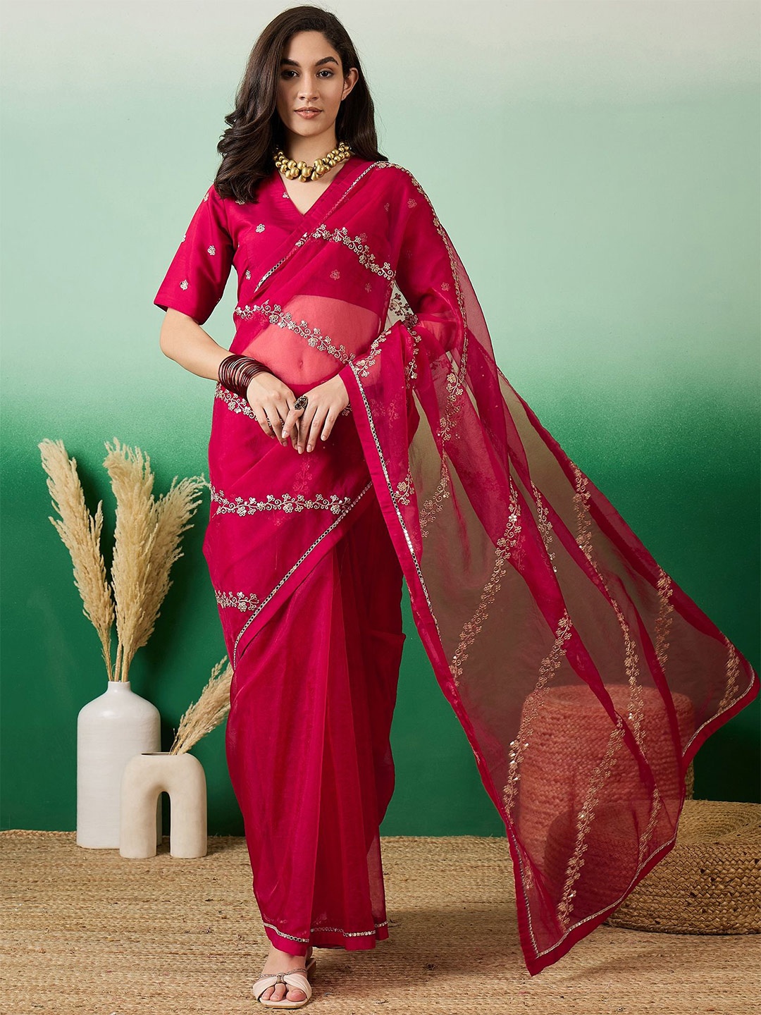 

Sangria Embroidered Floral Organza Saree, Red