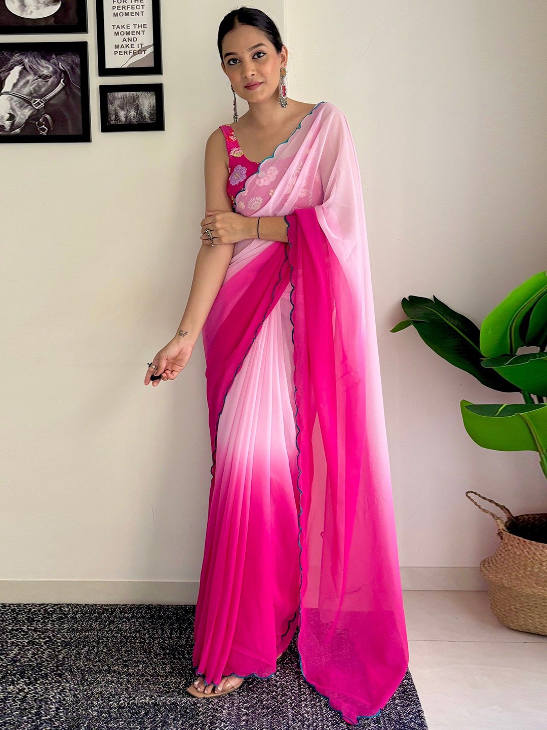 

MySilkLove Ombre Embroidered Pure Georgette Saree, Pink