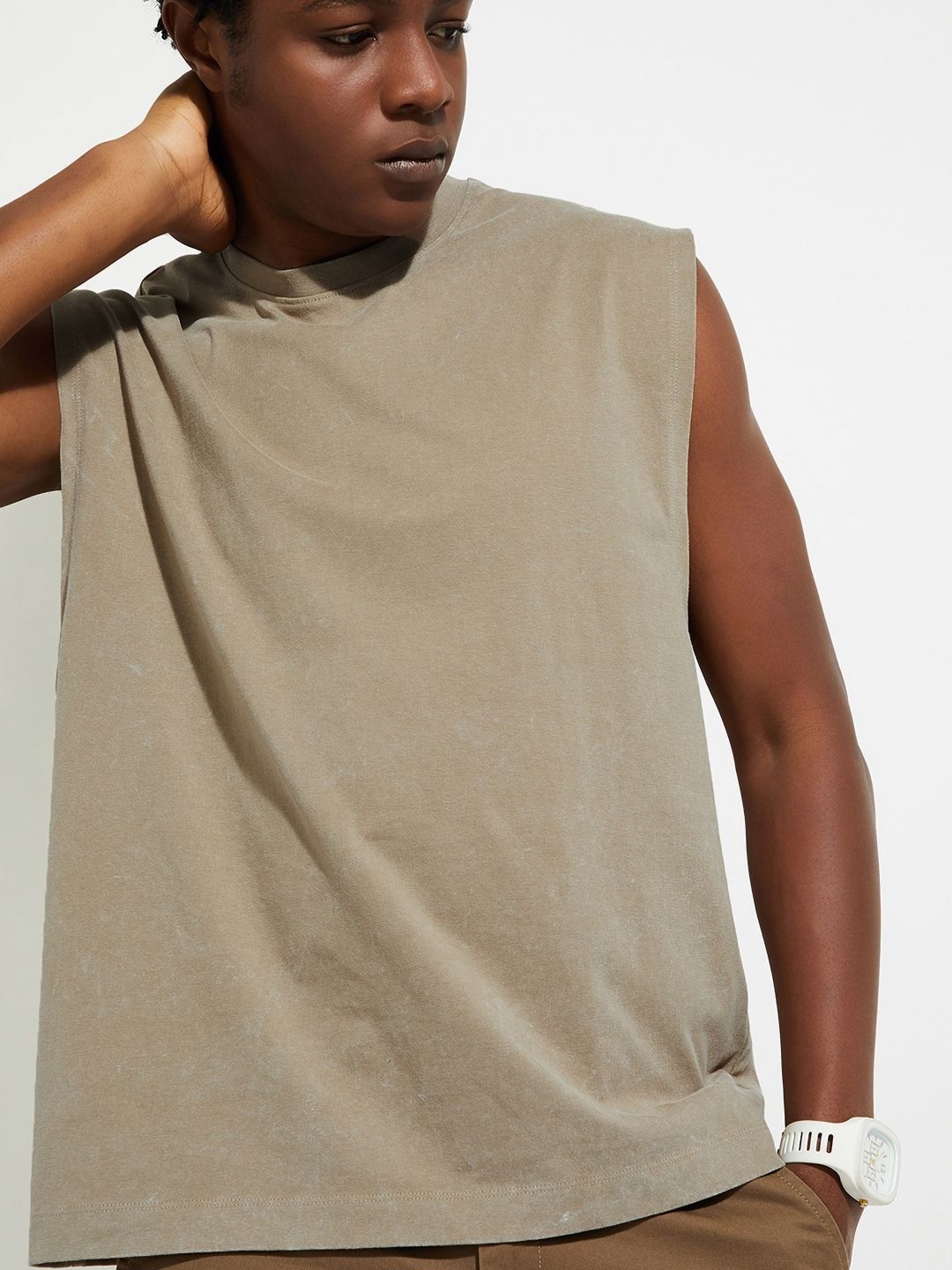 

Max Urb_N Men Washed Regular Fit Sleeveless T-Shirt, Beige