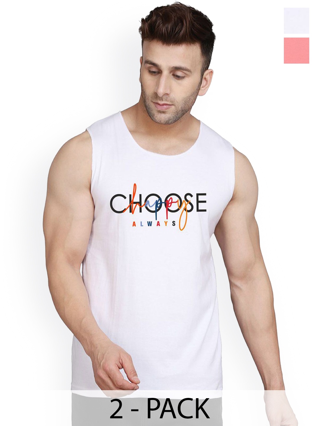 

SLOWLORIS Men Pack Of 2 Printed Cotton Gym Vests, Peach