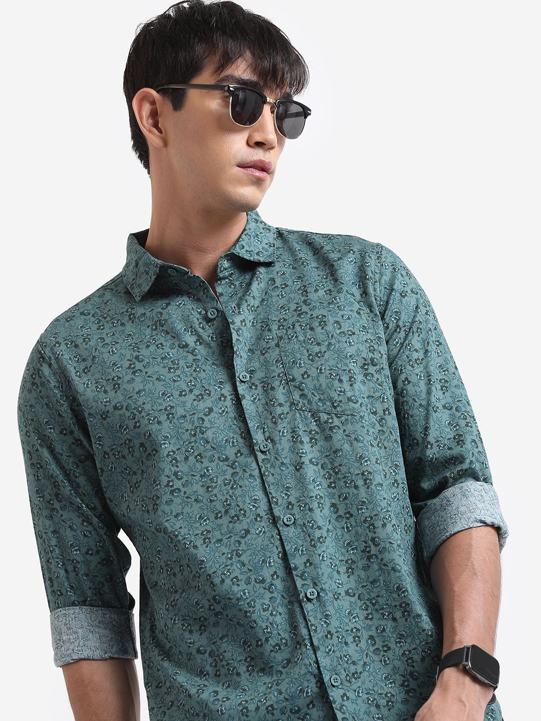 

HIGHLANDER Men Spread Collar Floral Printed Cotton Slim Fit Casual Shirt, Green